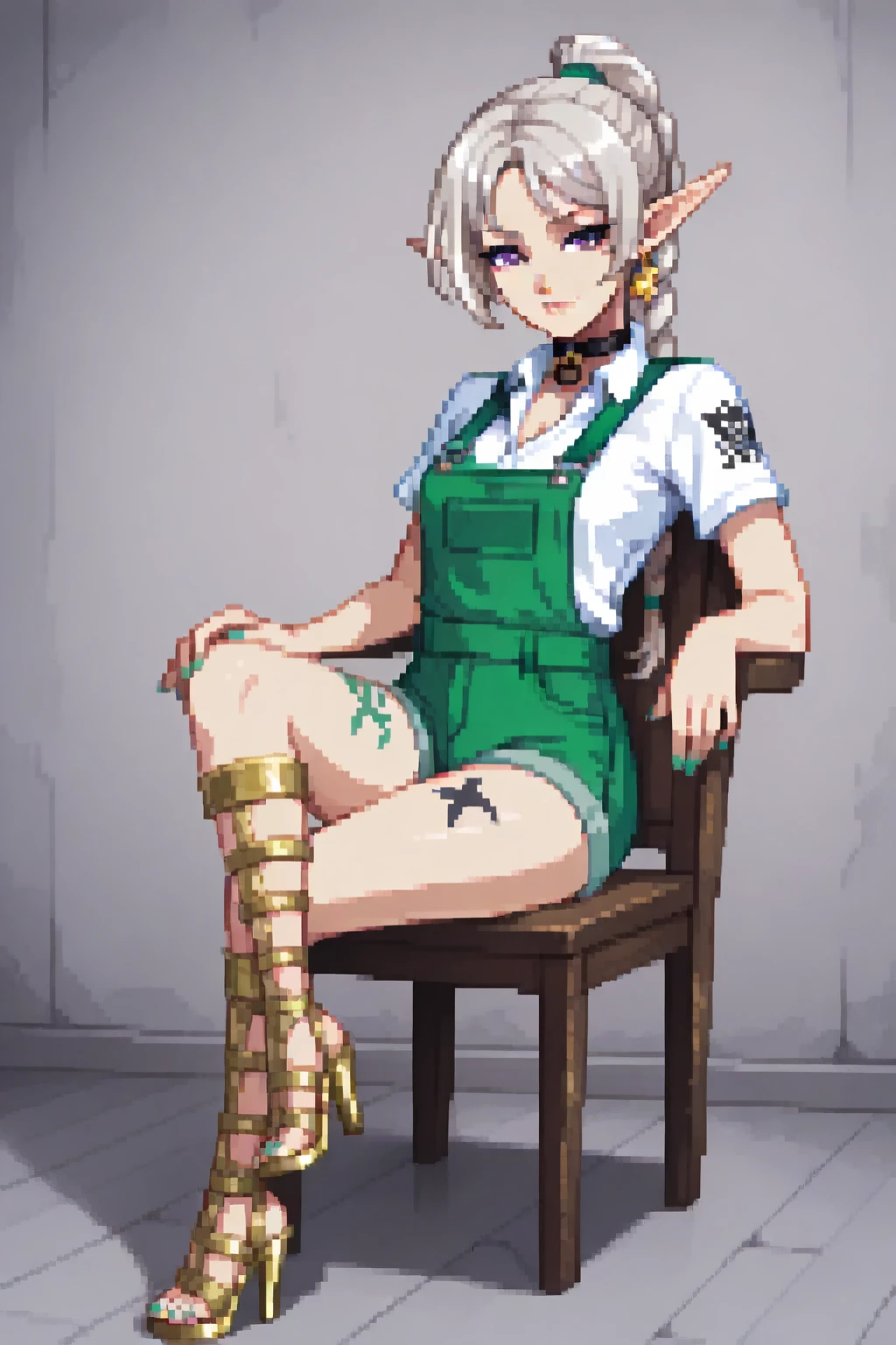 masterpiece, best quality. A full body image of a young beautiful woman. She is Dressed in a Work Shirt and Overalls, Collared Shirt, (Gladiator Heels:1.3), Roman Heels, toes, toenail polish. Confident, Proud, Alluring, Smirk, Dynamic Pose, Sexy Pose, Sitting on a Sofa, Slave Collar. perfect body, sexy, beautiful, Crossed Legs, eyeliner, Nail Polish. Pretty Nose. Anime, Pixel Art. pixelart. Pixel. SNES Graphics. SNES Style. tasteful sensuality, softcore. Sexy High Elf. Elf Ears, Shoulder Long Hair, Platinum Hair, (Tattoos on Thigh:1.2), Tattoos, (Tribal Tattoo:1.05), (Black Tattoo:1.05), Small Breasts, Braided Ponytail, High Ponytail, Violet Eyes,