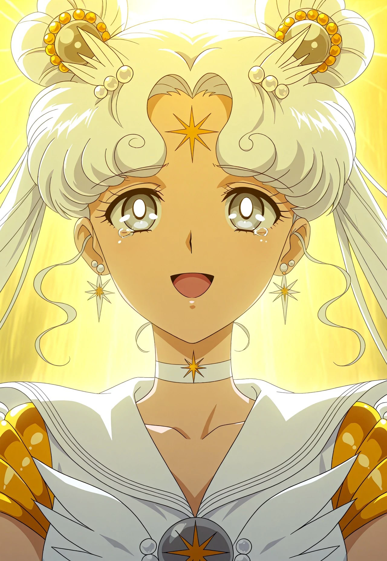 masterpiece, best quality, Sailor Cosmos, 1girl, solo, choker, white choker, sailor collar, white sailor collar, brooch, jewelry, sailor senshi uniform, magical girl, double bun, twintails, hair bun, white hair, forehead mark, facial mark, long hair, backlighting, smile, hair ornament, earrings, upper body, anime coloring, grey eyes, open mouth, tears