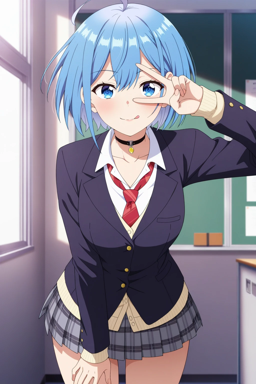 masterpiece, best quality, amazing quality, very aesthetic, absurdres, ultra detailed,
<lora:il_contrast_slider_d1 (ЦÐÐТ ÐÐРТÐÐÐÐ):-0.8>
<lora:Himari Inuzuka:0.8> himari_inuzuka, 1girl,
blue hair, blue eyes, short hair, choker, black choker, bangs,smile, tongue out, floating hair, closed mouth, skirt, school uniform, jacket, pleated skirt, blazer, cardigan, shirt, collarbone, grey skirt, plaid, plaid skirt, necktie, red necktie, leaning over, peace sign over eye,