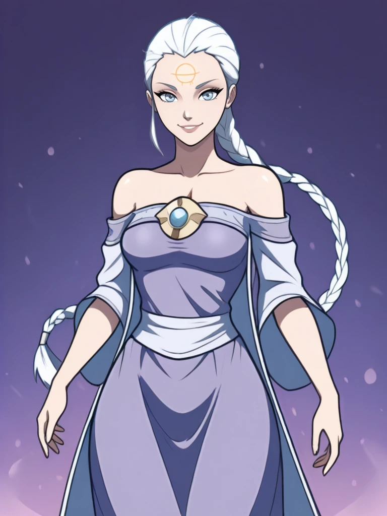 <lora:Arianna__Exalted:0.7>
ariannaexalted,,long hair, white hair, braid, blue eyes,,purple dress, bare shoulders, forehead mark, anima
standing in a castle, looking at viewer, smiling