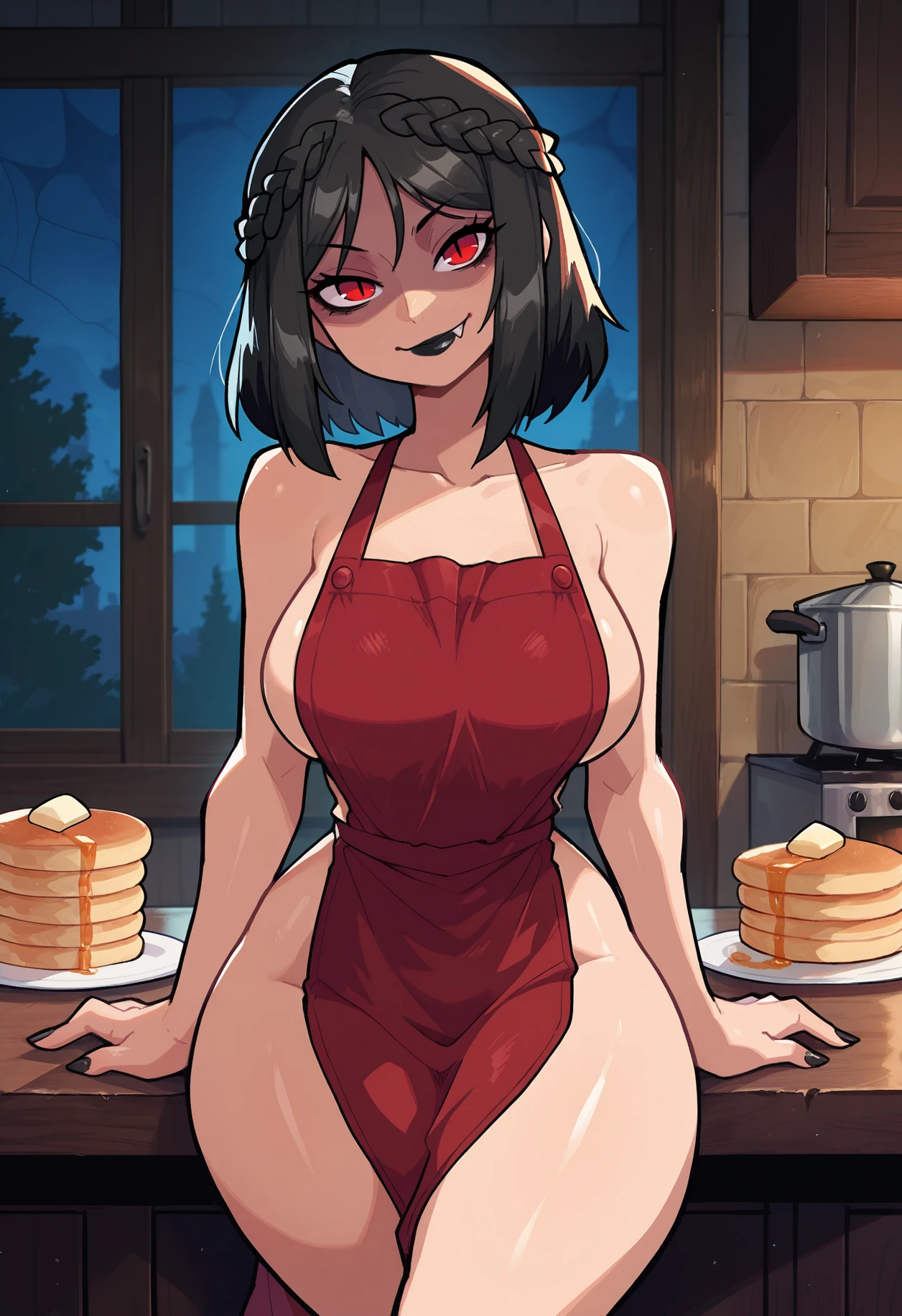 Beauty gothic girl night black Blouse v-neckline, leather skirt, thights, Wide legs Small waist, wide big hips, model pose, only two Arms With a red bow making an ahegao face with Crossed eyes and Tongue out with drool drops, with bigtits and stimulating a huge penis between her breasts