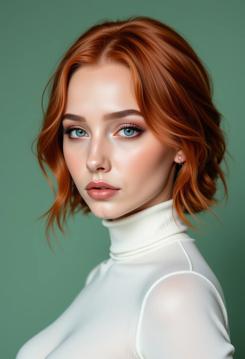 Headshots,a digital painting of a beautiful woman,Hyperrealistic, she is smiling, dynamic angles, multiple angles, photoshoot poses; A photo of Readhead 5, a woman with red hair, she has massive breasts, a beautiful girl,she is wearing a white turtleneck sweater.she has massive breasts, she has piercing eyes. a dynamic pose and a sense of action. simple green background, and the lighting is soft, creating a dramatic effect, creating a focused and dynamic pose.; the scene is set in a beautiful well-lit environment, with a sense of action and adventure. Style: realistic hyper-detailed rendering, 32k UHD, expressive eyes, punk, graphic design, girl's face, pretty and cute, gleaming lips, telling a tale of adventure. Exuding confidence and serenity. The overall mood of the image is happy and relaxed, detailed skin texture,(blush:0.2),(goosebumps:0.3), subsurface scattering,with a playful and whimsical tone,aidmafluxpro1.1, perfection style,
