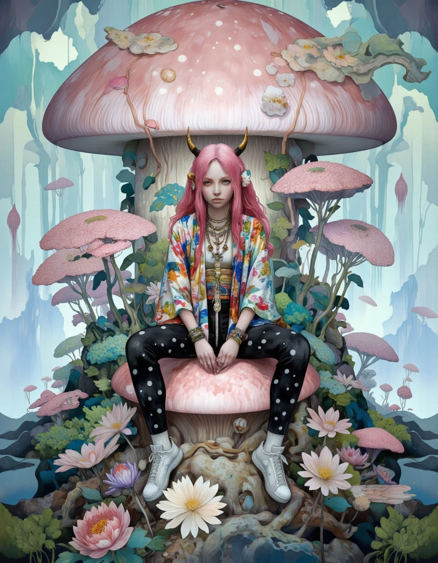 Art by Vvika. A surreal digital illustration shoot from a front camera angle about a woman with long pink hair sitting on a large mushroom-shaped structure surrounded by lush greenery and pink flowers. the woman, who appears to be in her early twenties, is positioned in the middle of the image, with her upper body facing the viewer and her eyes looking directly at the viewer. she has a serious expression and is wearing a colorful kimono with intricate patterns, black pants with white polka dots, and white sneakers. her hair is styled in a long, flowing manner and falls down her back. she is adorned with multiple necklaces, bracelets, and earrings, and has a pair of horns on her head. the background features a vibrant, ethereal landscape with a mix of pastel colors, including shades of blue, green, and pink, and a mystical, otherworldly atmosphere.