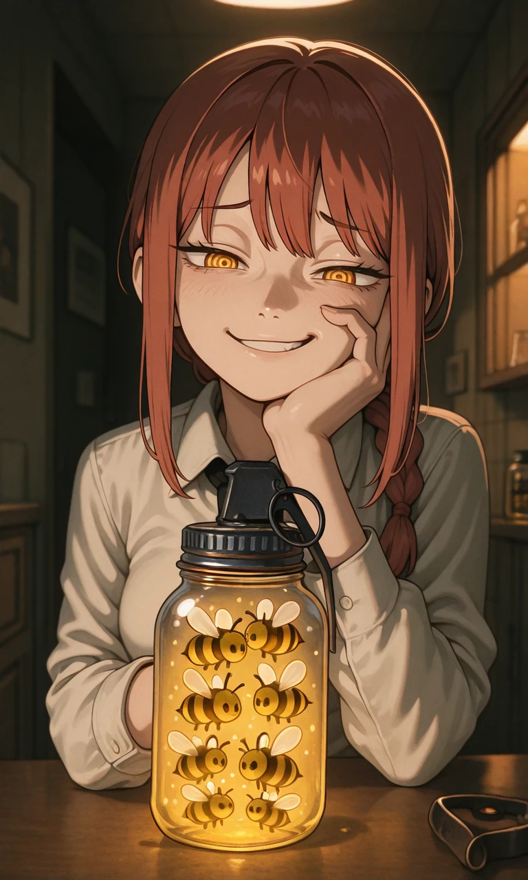 embedding:IllusP0s, bee grenade jar, smug, giggle, 1girl, contrast lighting, dramatic, makima_\(chainsaw_man\)<lora:bee grenade jar_illustrious.safetensors:1.0:1.0>