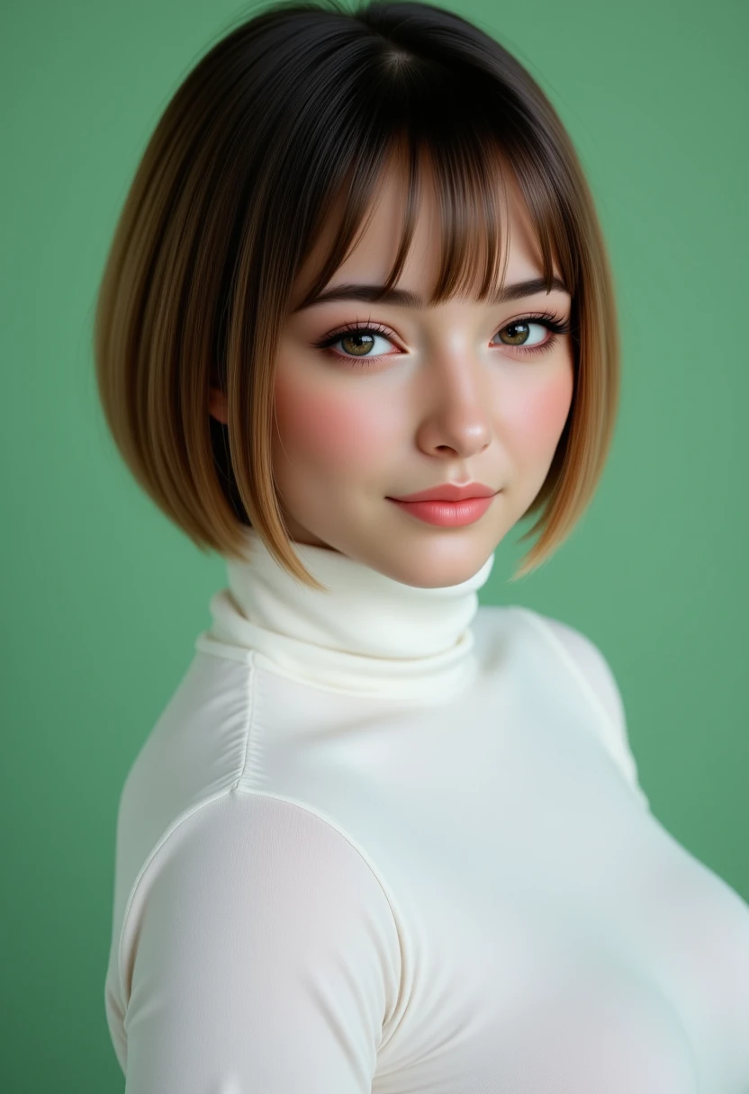 Headshots,a digital painting of a beautiful woman,Hyperrealistic, she is smiling, dynamic angles, multiple angles, photoshoot poses; A photo of Annika 161 pro series, a woman with Short hair,, she has massive breasts, a beautiful girl,she is wearing a white turtleneck sweater.she has massive breasts, she has piercing eyes. a dynamic pose and a sense of action. simple green background, and the lighting is soft, creating a dramatic effect, creating a focused and dynamic pose.; the scene is set in a beautiful well-lit environment, with a sense of action and adventure. Style: realistic hyper-detailed rendering, 32k UHD, expressive eyes, punk, graphic design, girl's face, pretty and cute, gleaming lips, telling a tale of adventure. Exuding confidence and serenity. The overall mood of the image is happy and relaxed, detailed skin texture,(blush:0.2),(goosebumps:0.3), subsurface scattering,with a playful and whimsical tone,aidmafluxpro1.1, perfection style,,retro50s_style,