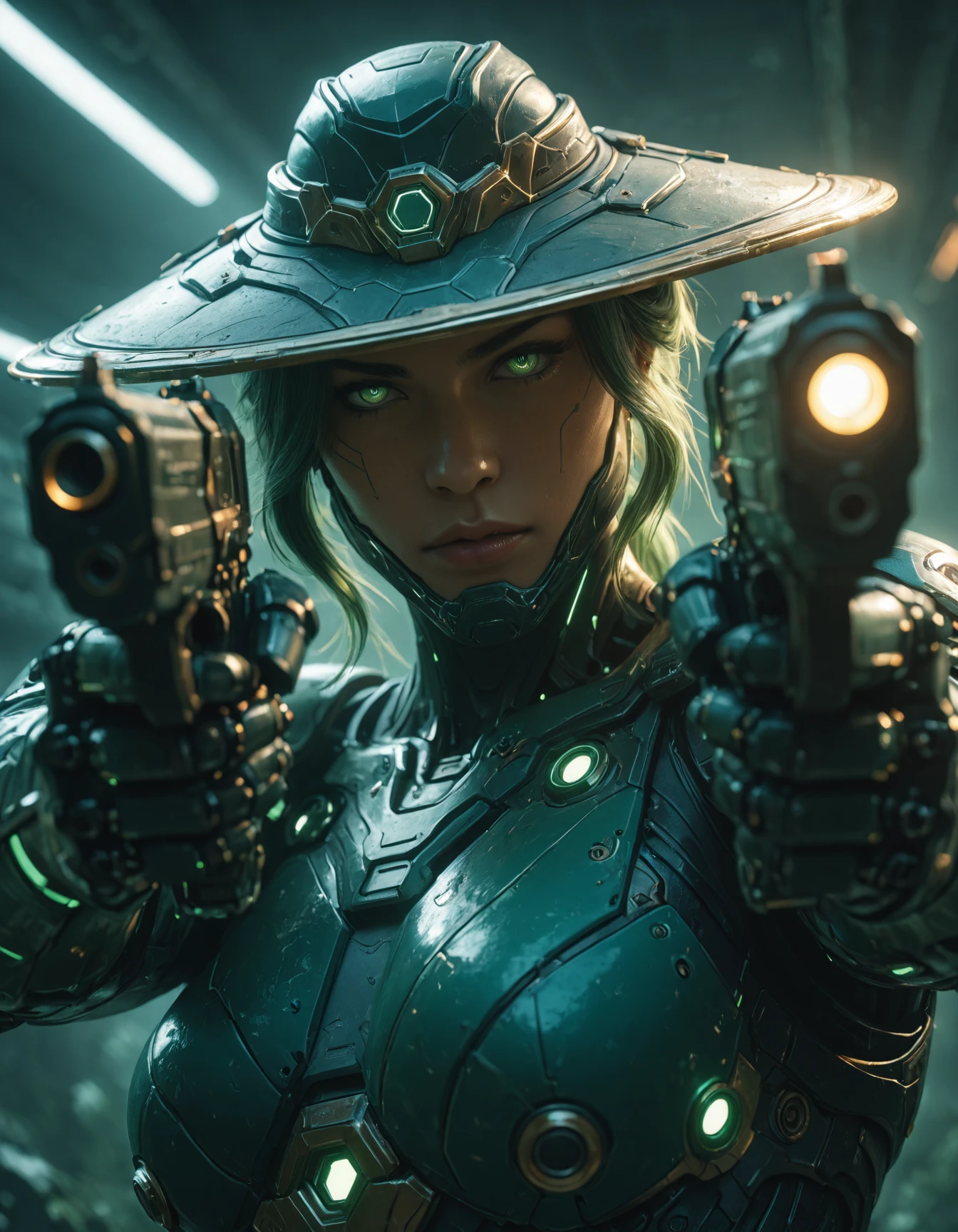 masterpiece, best quality, amazing quality, very aesthetic, high resolution, absurdres, newest, photorealism, realistic,,dynamic close up angle,Female character from Genshin Impact, wearing green and black with an Asian style hat on her head, in the style of cyberpunk with robot body parts and high tech mechanical armor. Wielding two pistols, one in each hand, dual wielding scifi pistols, pointing the guns down, aiming down, Unreal Engine 5, cyborg samurai <lora:CyborgSamuraiPistolsIL:0.85>