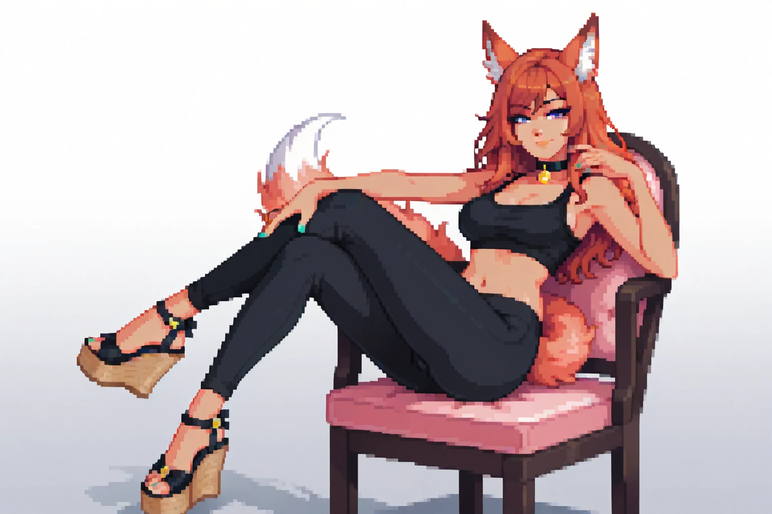 masterpiece, best quality. A full body image of a young beautiful woman. She is Dressed in a Tank Top and Yoga Pants, (Wedge Heels:1.3), (Cork Wedges:1.3). toes, toenail polish. Confident, Proud, Alluring, Smirk, Dynamic Pose, Sexy Pose, Sitting on a Chair, Slave Collar. Crossed Legs, Dynamic Pose, Sexy Pose, perfect body, sexy, beautiful, eyeliner, Nail Polish. Pretty Nose. Anime, Pixel Art. pixelart. Pixel. SNES Graphics. SNES Style. tasteful sensuality, softcore. Sexy Fox Woman. Fox Ears, (Fox Tail:1.2), Beautiful Indian Woman, Amber Hair. Pretty Face. Light Olive Skin, Medium Breasts, Blue Eyes,