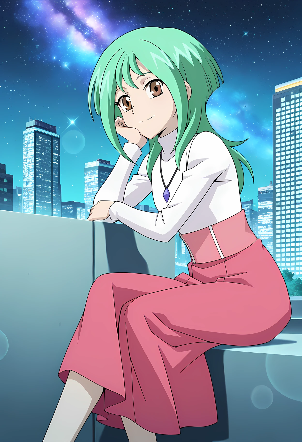 masterpiece,best quality,amazing quality,
solo,
Tokoha Anjou (Cardfight Vanguard), long hair, green hair, brown eyes,
white shirt, jewelry, necklace, pendant, turtleneck, long sleeves, from behind, pink skirt, long skirt,
looking at viewer, smile, cheeks leaning on arm,
cinematic, crossing legs,
Outdoors, night, On top skyscraper, sci-fi city, (galaxy sky:1.2),
Lens flare, bloom, detailed shadow,
Official style, anime screencap, anime coloring,