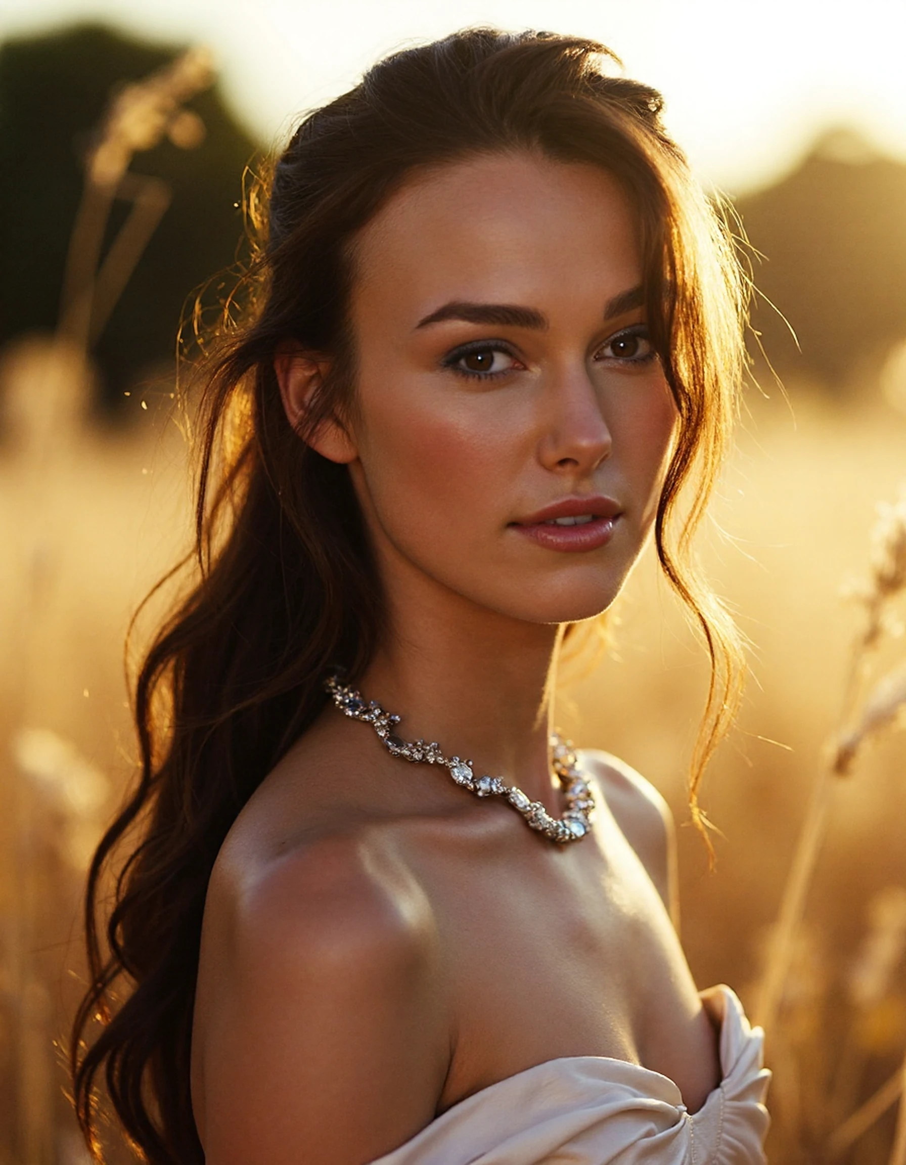 cinematic photo woman, 3/4 shot, with gorgeous eyes and skin, smiling, long brunette hair with blonde highlights looks away from the viewer surrounded by white aprikot flowers BREAK white spaghetti strap dress . 35mm photograph, film, bokeh, professional, 4k, highly detailed