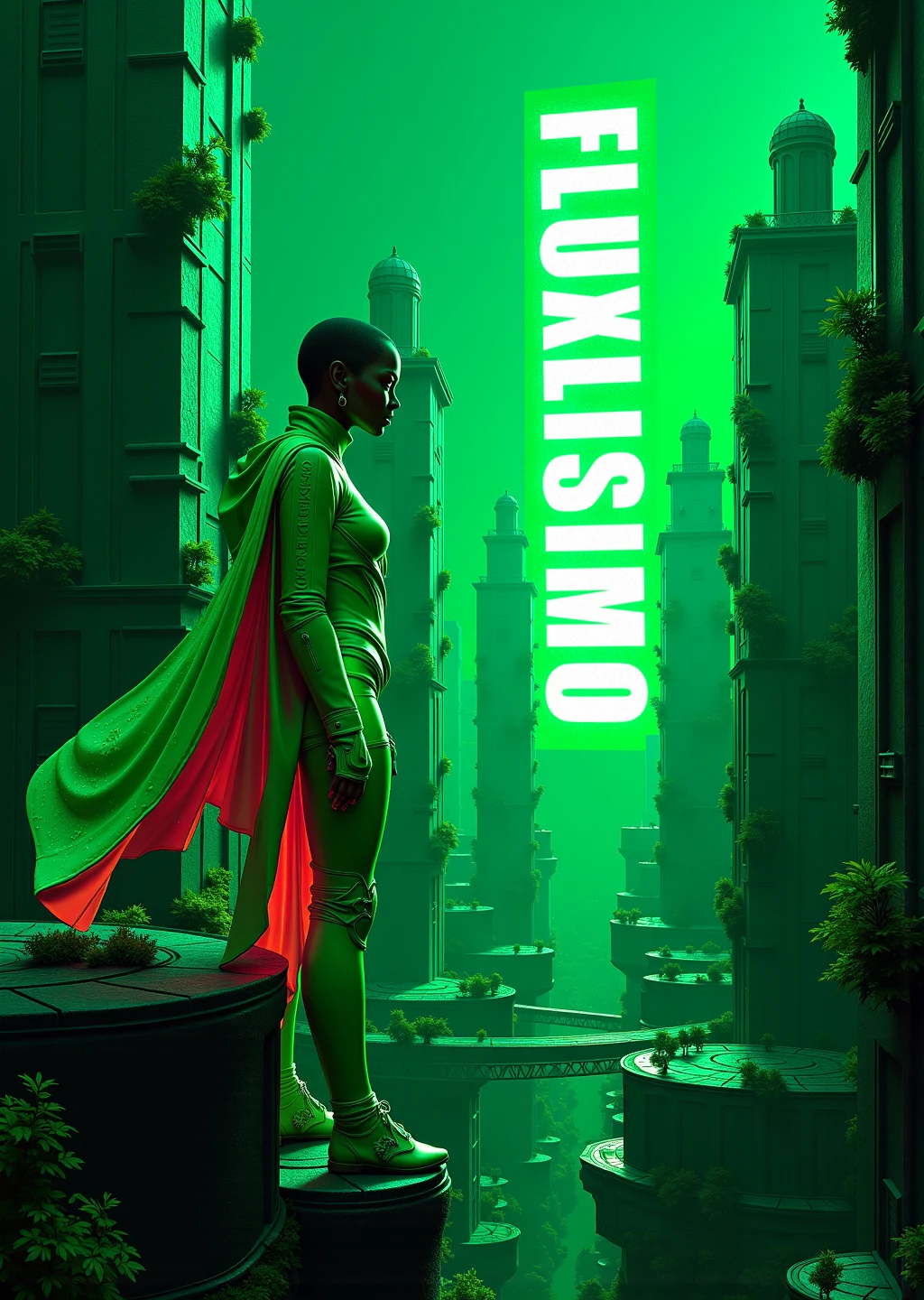 In a cyberpunk megacity, "Fluxlisimo" towers as photo-realistic 3D letter-skyscrapers in a 9:16 aspect ratio, crafted from graphene with pulsing forest green (#008000) neon, accented by magenta and plasma-white, their facades alive with holo-graffiti. "LoRA" flickers subtly on a nearby holo-platform, its green-tinted (#008000) letters a delicate echo. Letter-buildings rise from floating platforms, linked by sky-bridges and maglevs. A cyborg woman in the foreground, with green-lit (#008000) biomechanical armor, reflects "Fluxlisimo" in her augmented eyes, her translucent cape flowing. Grav-ships trail verdant ions through letter-canyons. Shot from a high-angle drone with a hyper-realistic lens, the scene captures micro-details: cyborg armor etchings, smart-glass sheen, and bioluminescent algae. Rim lighting from solar arrays sculpts "Fluxlisimo," with a green (#008000) spotlight from sky-beacons softly highlighting "LoRA." Chromatic flares and bokeh frame the cyborg and "Fluxlisimo" against drone swarms and aurora skies. A cyberpunk Vogue masterpiece where "Fluxlisimo" rules and "LoRA" whispers in green (#008000).