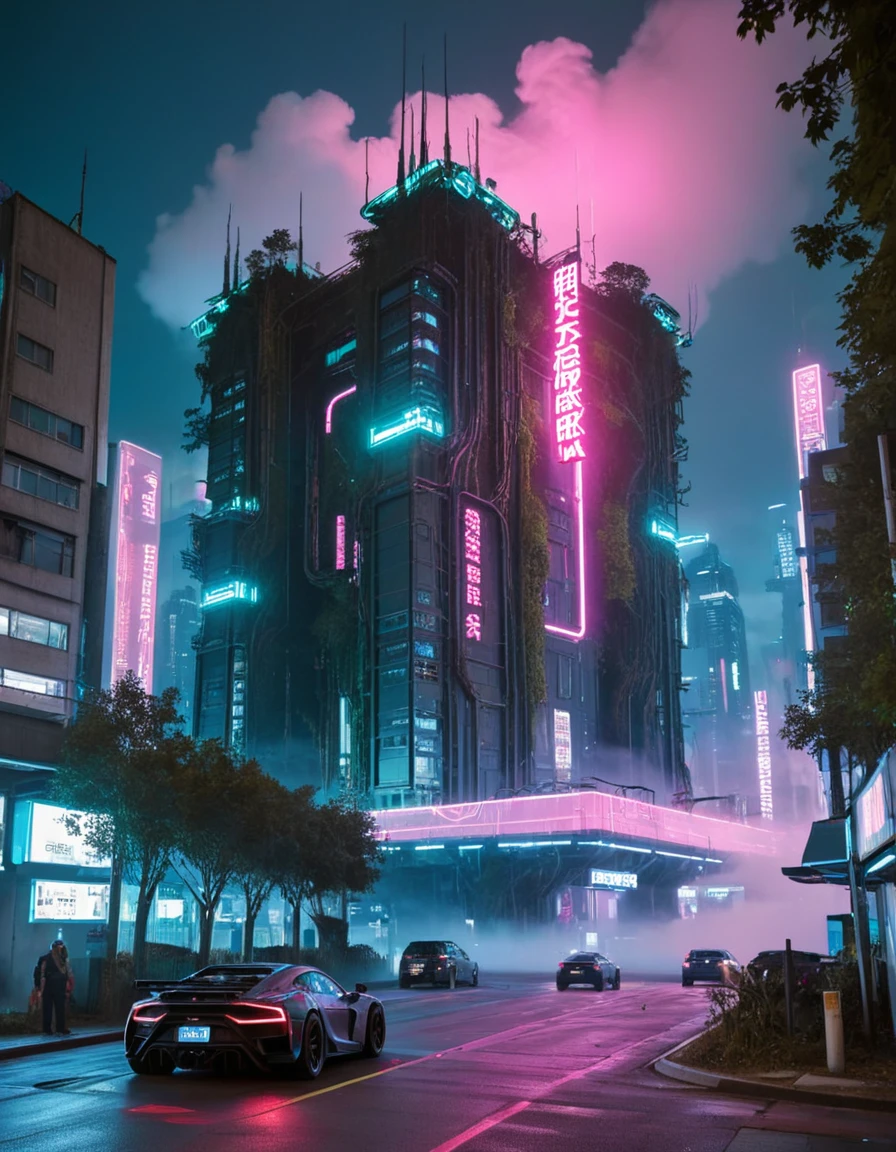 <lora:City_Worlds_01_Effects_xlc:1> photo, masterpiece, high score, great score, absurdres, phot16, neons, night, haze in the background, enormous, cyberpunk, trees, citybkg, massive mega structure, shop, streets, car focus, clouds, T6, phot28