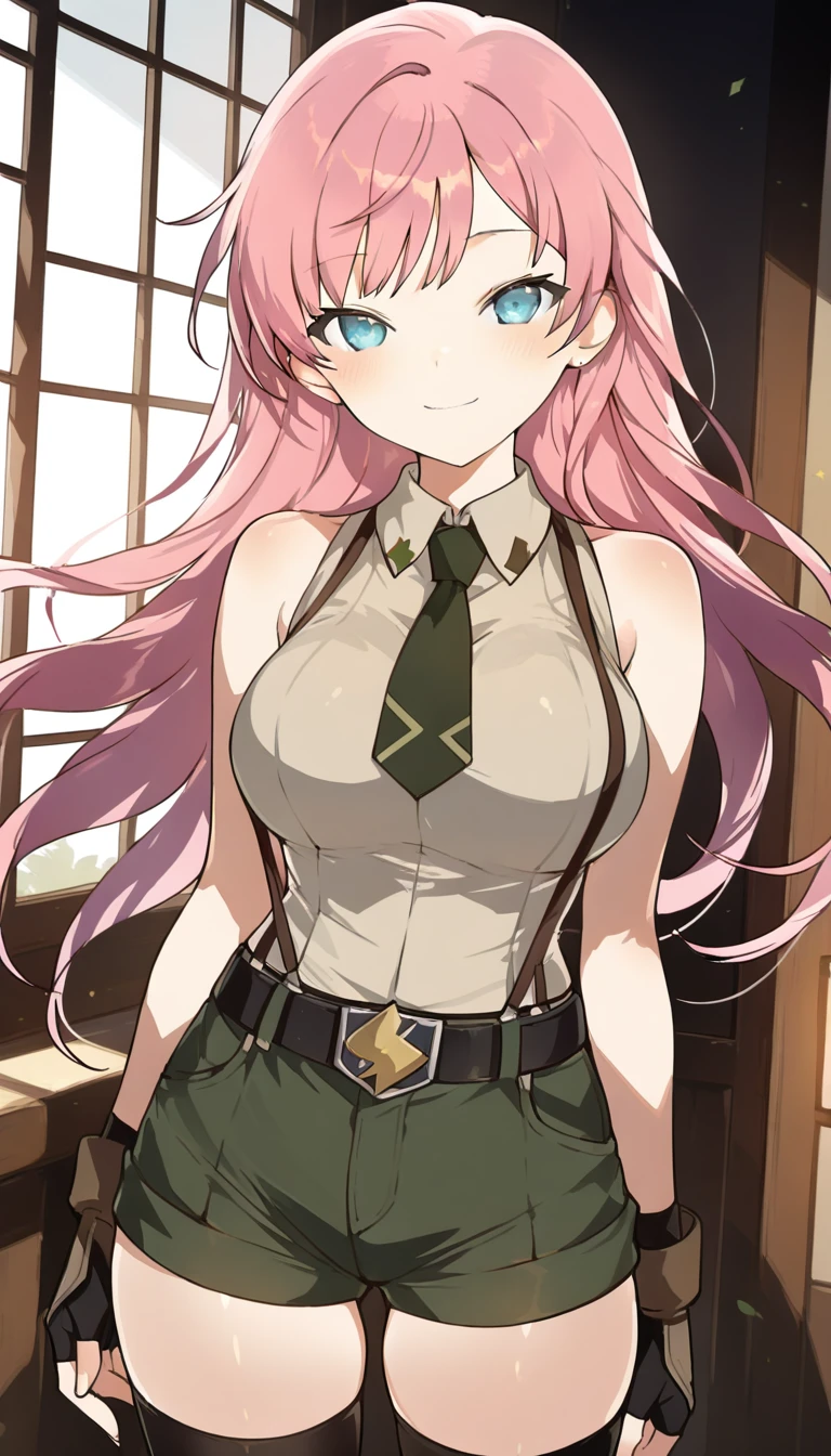(masterpiece),best quality,amazing quality,very aesthetic,absurdres,newest,perfect body,shiny skin,perfect eyes,detail1eye,well-defined fingers,well-defined fingernails,anime style,indoors,1girl,solo,upper body,(portrait:1.5),looking at viewer,facing viewer,smile,blush,Lpip style,Novice female,Novice female uniform,very long hair,pink hair,floating hair,bangs,blue eyes,half-closed eyes,collared shirt,sleeveless shirt,beige shirt,large breasts,dark green necktie,bare arms,fingerless gloves,black belt,suspender shorts,green shorts,short shorts,shorts rolled up,zettai ryouiki,black thighhighs,boots,<lora:TNT-Novice female(tnt)-Illus:1.6>,<lora:Lpip[style]-Illus:1.6>,