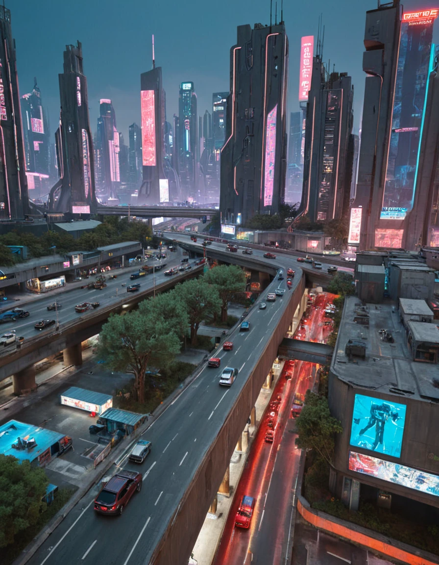 <lora:City_Worlds_01_Effects_xlc:1> photo, citybkg,phot17, cyberpunk traffic, SE14, phot12, very far side view, impressive, low wall, huge tree, buildings under highway, futuristic, blue, shop, ground view, flying over cyberpunk metropolis, far above view, gold, red war paint,