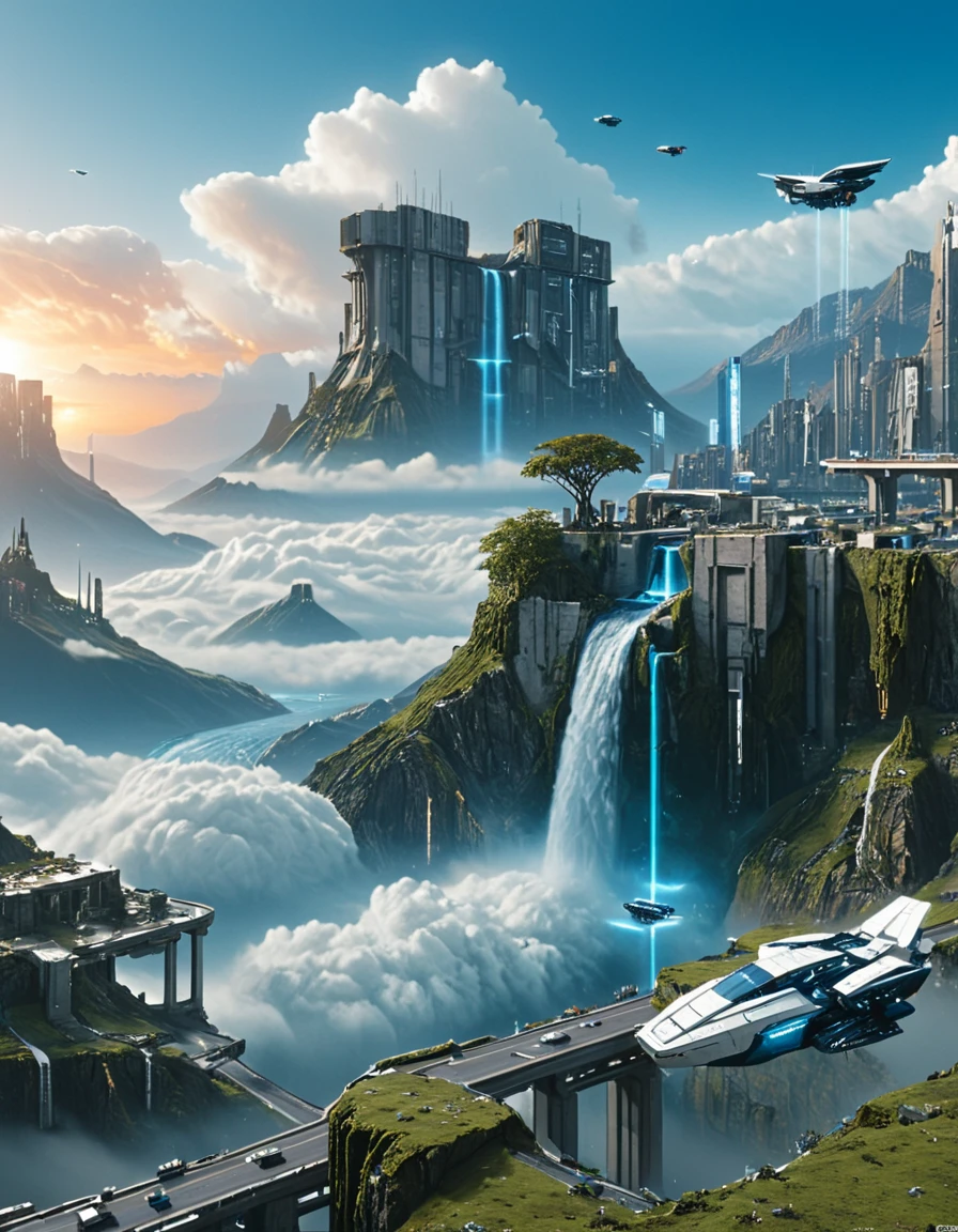 <lora:City_Worlds_01_Effects_xlc:1> photo, masterpiece, high score, great score, absurdres, citybkg, cyberpunk, ambiance, day, clouds, in a vast valley, tiny spaceships in the sky, detailed, tiny elevated highways, tiny design buildings, futuristic, far above view, high buildings, illuminated, city lights, city in the clouds, lots of clouds, haze in the background, epic scale, phot22, blue, T1, white, dark blueblue, T1, white, dark blue, T10, landscape, mountains, waves, rocks, tree, vegetation, moss, rough sea, waterfall, ruins, sunset, blue, orange, yellow, brown,