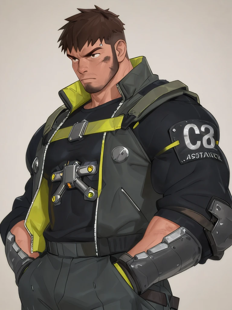 t00b0sh001ll, 1boy, solo, male focus, muscular male, mature male, facial hair, brown hair, short hair, open jacket, inner tech shirt, beard, thick eyebrows, black tactical jacket, sideburns, simple background, stubble, reinforced leather, utility belt, buckles, metallic accents, armored clothing, cyberpunk details, rugged appearance, intense gaze, confident expression, worn metal plating, scratched armor, faded paint, exposed wires, cracked surfaces, retro-futuristic design, dirty fabric, distressed textures, rusted components, layered clothing, deep wrinkles, unshaven, rough texture, dramatic pose, hands in pockets, relaxed stance, cold expression, piercing eyes, head slightly tilted, powerful presence, stoic
masterpiece,best quality,amazing quality,