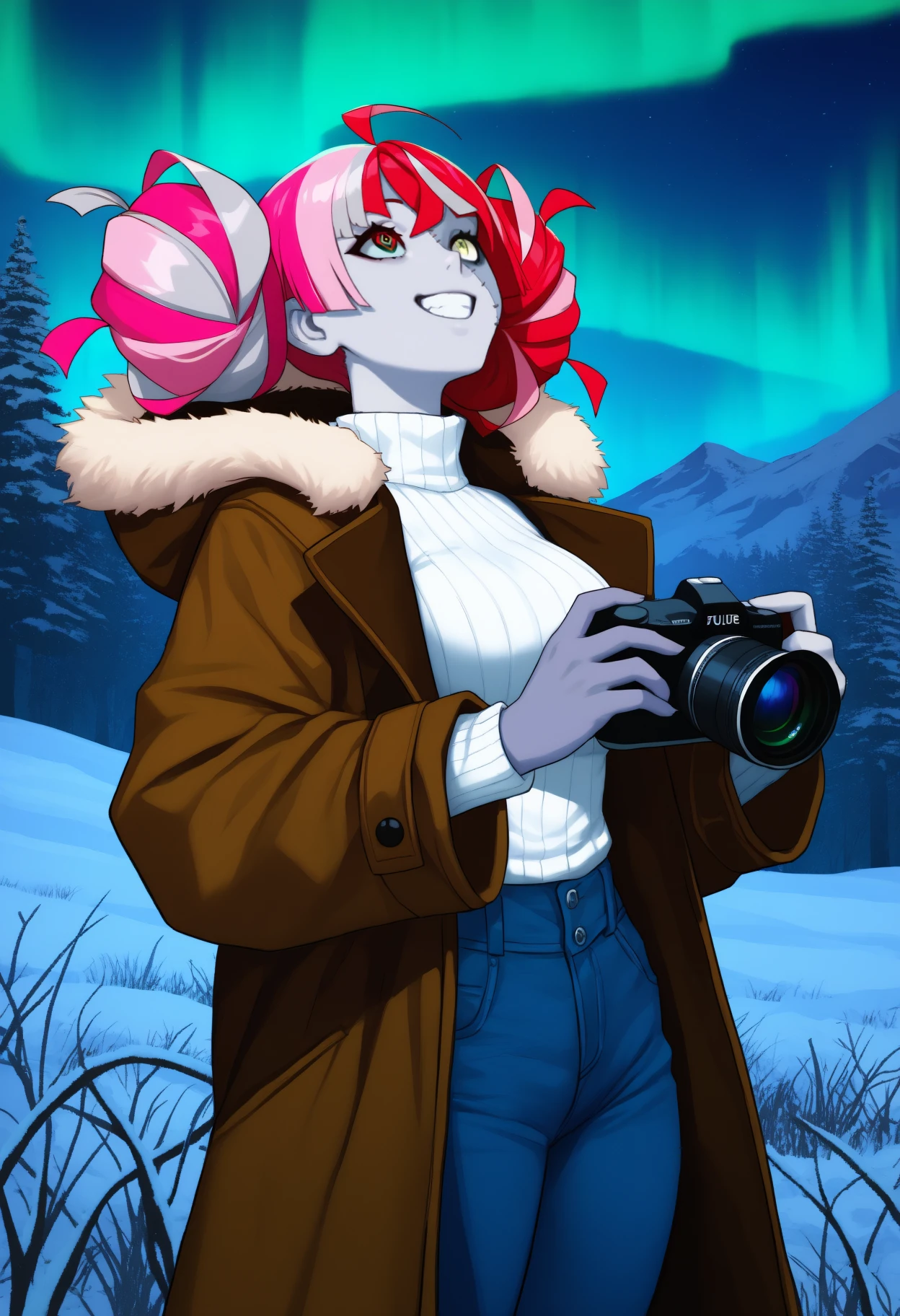 masterpiece, best quality, newest, solo, 1girl, kure1jirnd, zombie, two-tone skin, grey skin, patchwork skin, stitches, stitched face, stitched arm, grin, looking up, standing, holding camera, multicolored hair, red hair, pink hair, grey hair, blunt ends, ahoge, double bun, heterochromia, gradient eyes, red eyes, green eyes, yellow eyes, mismatched pupils, diamond-shaped pupils, x-shaped pupils, winter clothes, brown coat, open coat, fur-trimmed hood, hood down, long sleeves, white sweater, ribbed sweater, turtleneck, blue pants, jeans, outdoors, night, nature, aurora, mountainous horizon, tree
<segment:yolo-Anzhc Face seg 640 v3 y11n.pt,0.4,0.6//cid=11>