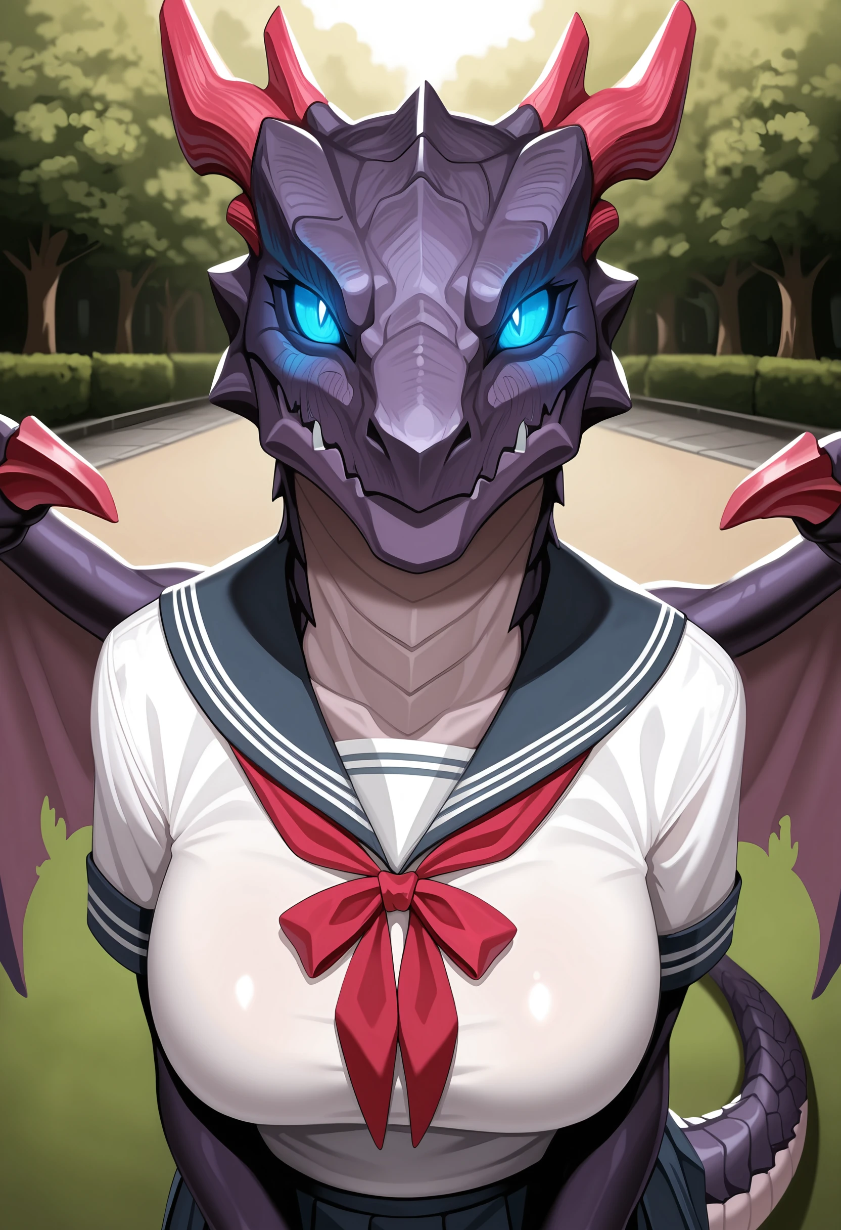 masterpiece, best quality, amazing quality, very aesthetic, absurdres, newest, <lora:GabriellaDrakengardILf:0.9> g4bilf, no humans, dragon, anthro, horns, wings, blue eyes, sharp teeth, solo, claws, wearing serafuku, pleated skirt, breasts, portrait, upper body, tail, looking at viewer, glowing eyes, blush,
park, garden,