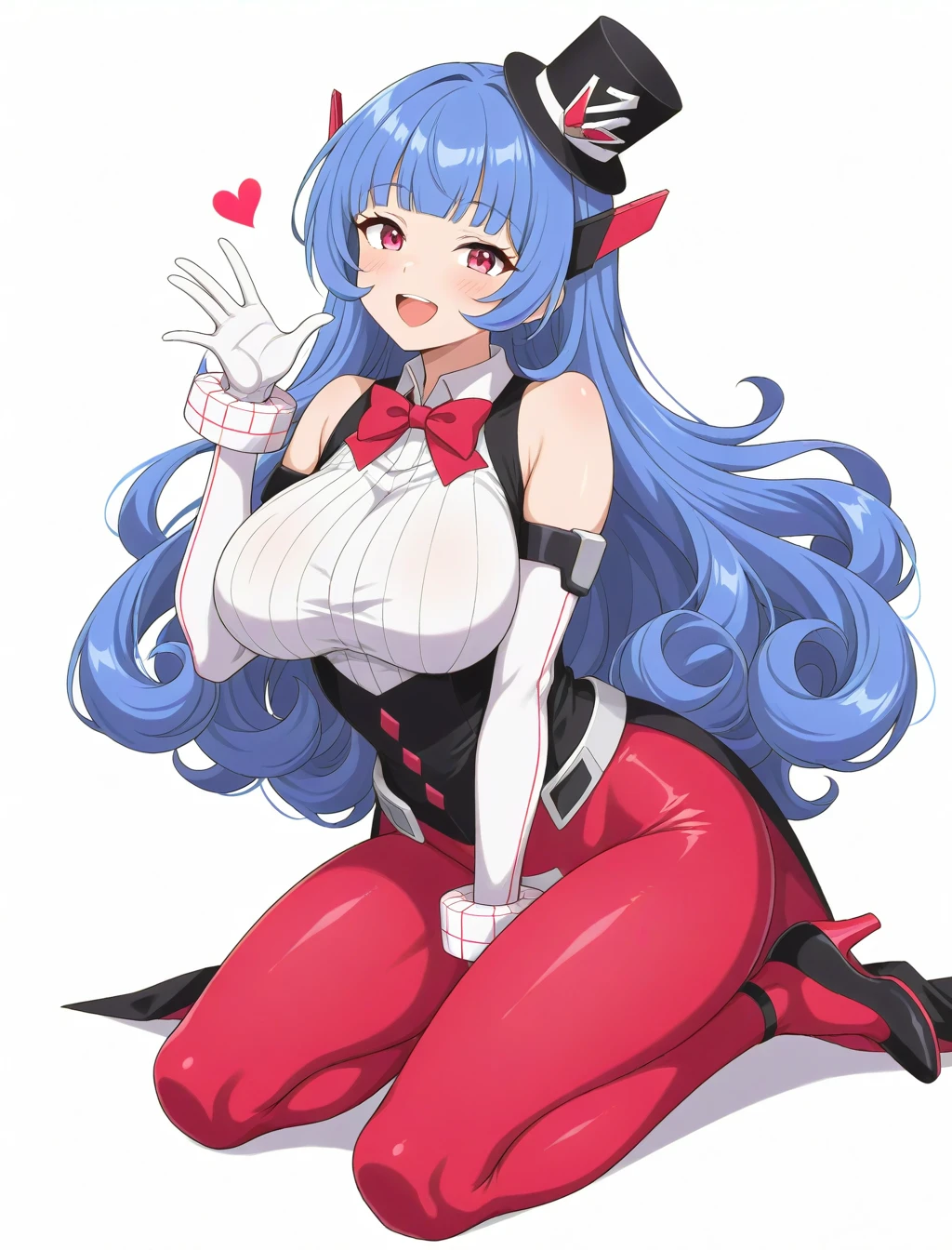 1girl, solo, long hair, breasts, bangs, large breasts, bow, animal ears, cleavage, hair between eyes, blue hair, tail, heart, pantyhose, horns, pointy ears, bowtie, pink eyes, rabbit ears, high heels, leotard, wrist cuffs, symbol-shaped pupils, strapless, tattoo, detached collar, fake animal ears, playboy bunny, rabbit tail, fishnets, black leotard, strapless leotard, absurdly long hair, fishnet pantyhose, curled horns