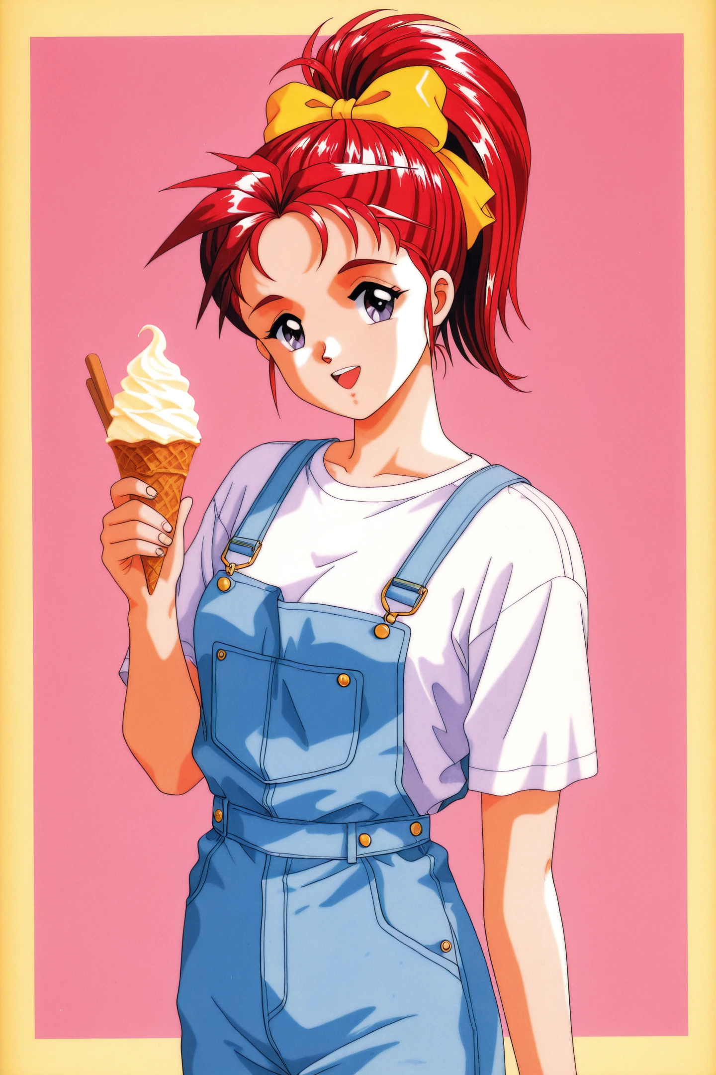 Original Style,Yumi Saotome,1girl,solo,open mouth,1990s \(style\),high ponytail,retro artstyle,overalls,long hair,smile,shirt,bow,short sleeves,ponytail,hair bow,white shirt,red hair,looking at viewer,ice cream,
<lora:Tokimeki Memorial_illustriousXL_v2:1>,