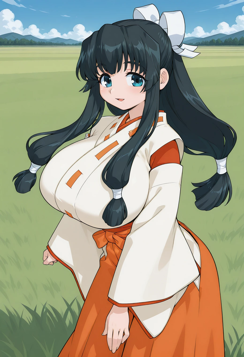 Long straight black hair。
Bangs。She has a ponytail and a white ribbon tied in her hair.。The eyes are a bluish black。
The breasts are enormous and about to burst out of the clothes.。
The buttocks are also big。
Miko costume。Unbuttoned。