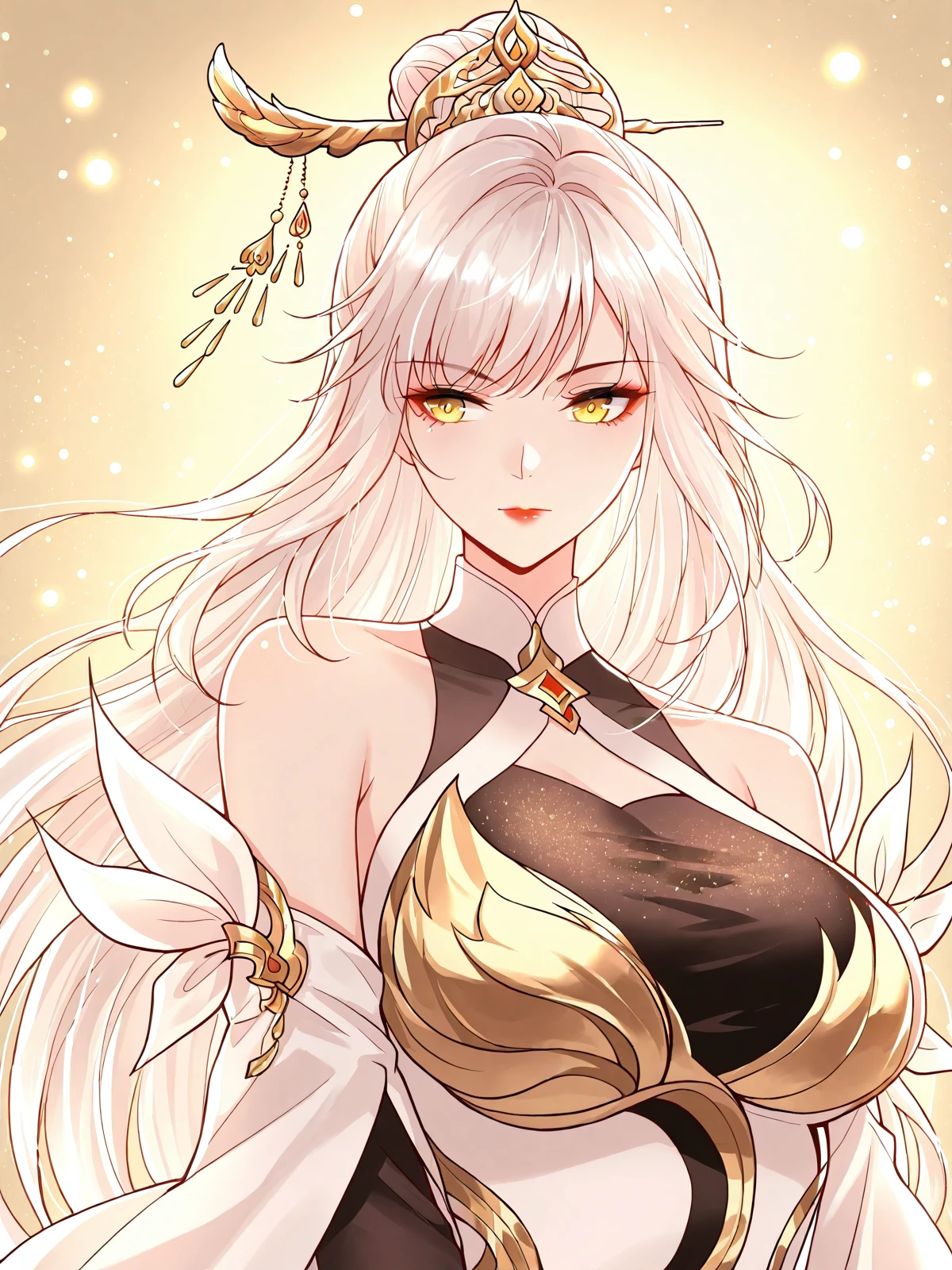 <lora:It_Starts_With_The_Confession_To_The_Beauty_Master__Yue_Yao__Illustrious:1>
1 girl, solo, long hair, white hair, hair bun, side bangs, golden eyes, ornamental hairpin,
chinese outfit, white and black dress, sleeveless top, detached sleeves, high slit skirt, black thigh-high stockings, golden decorations, gold-trimmed fabric, translucent white drape, asymmetric outfit,
masterpiece, best quality, intricate details, gothic fantasy, upper body portrait, dramatic pose, confident gaze, cinematic lighting, clean background, glowing magical particles, detailed face, vibrant colors