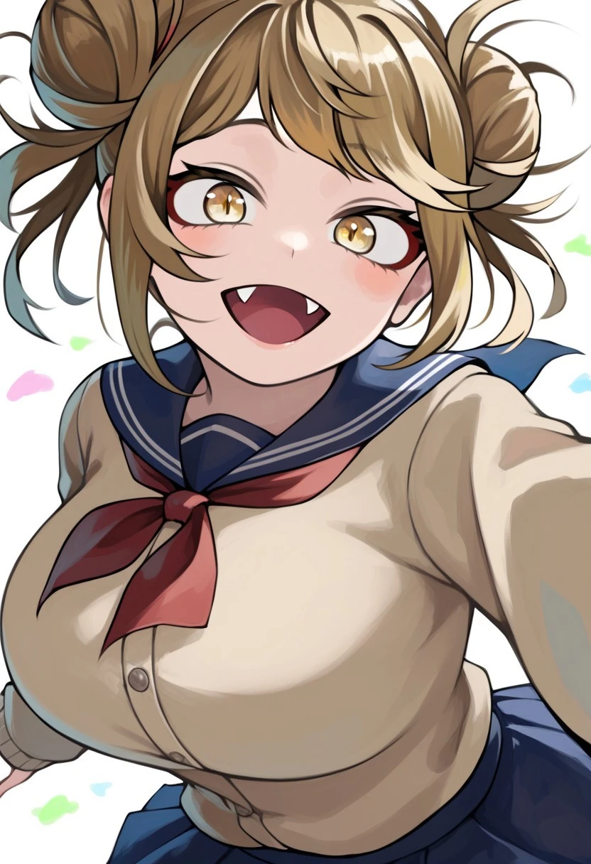 score_9, score_8_up, score_7_up, score_6_up, score_5_up, score_4_up, source_cartoon, <lora:confetti-extract- ponyxl:0.85>, detailed eyes, easynegative, rating_explicit, Expressiveh, 1girl, solo, furin, big breasts, smiling at viewer, large breasts, close up
wide smile, short hair, skirt, blonde hair, long sleeves, open mouth, fangs, school uniform, yellow eyes, pleated skirt, miniskirt, hair bun, blue skirt, neckerchief, double bun, cardigan, slit pupils, messy hair, wind, red neckerchief, yellow cardigan, dusk, blush