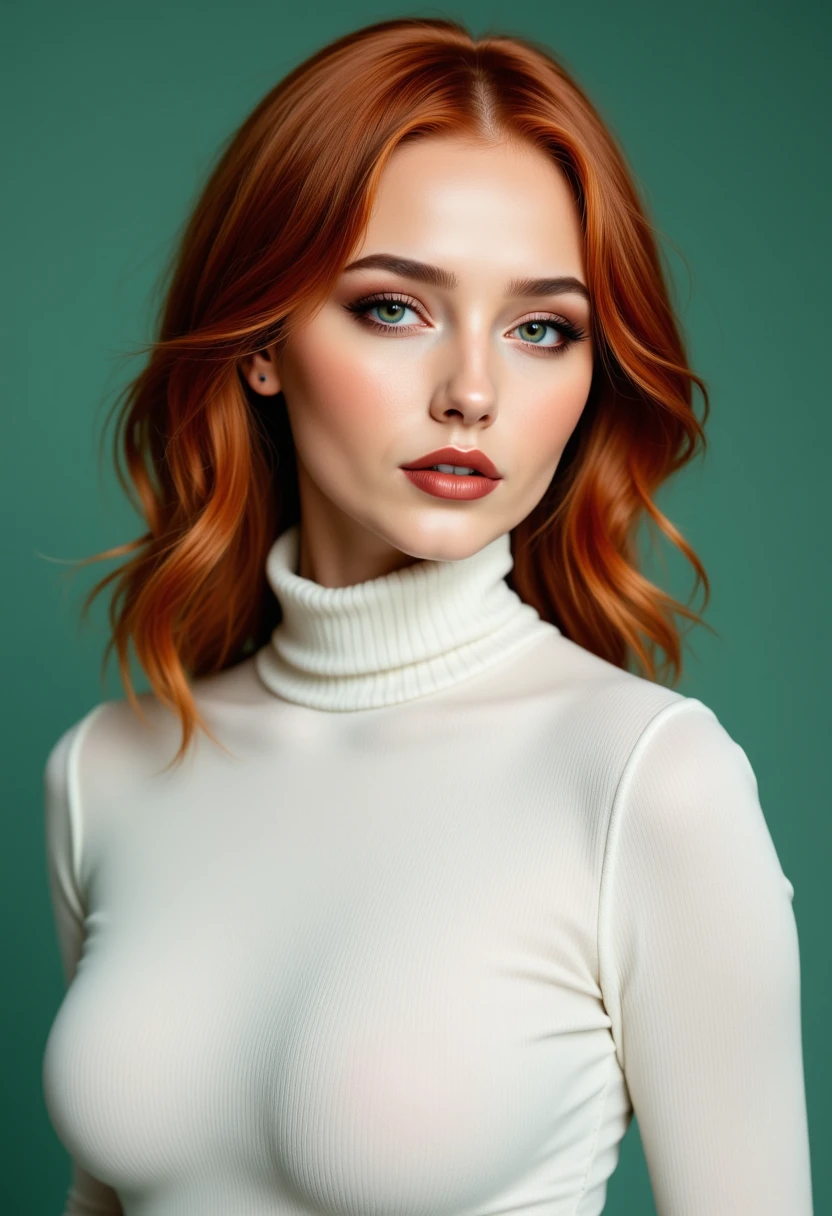 Headshots,a digital painting of a beautiful woman,Hyperrealistic, she is smiling, dynamic angles, multiple angles, photoshoot poses; A photo of Readhead 5, a woman with red hair, she has massive breasts, a beautiful girl,she is wearing a white turtleneck sweater.she has massive breasts, she has piercing eyes. a dynamic pose and a sense of action. simple green background, and the lighting is soft, creating a dramatic effect, creating a focused and dynamic pose.; the scene is set in a beautiful well-lit environment, with a sense of action and adventure. Style: realistic hyper-detailed rendering, 32k UHD, expressive eyes, punk, graphic design, girl's face, pretty and cute, gleaming lips, telling a tale of adventure. Exuding confidence and serenity. The overall mood of the image is happy and relaxed, detailed skin texture,(blush:0.2),(goosebumps:0.3), subsurface scattering,with a playful and whimsical tone,aidmafluxpro1.1, perfection style,