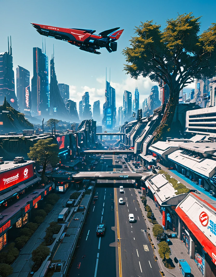 <lora:City_Worlds_01_Effects_xlc:1> photo, citybkg,phot17, cyberpunk traffic, SE14, phot12, very far side view, impressive, low wall, huge tree, buildings under highway, futuristic, blue, shops, ground view, spaceship flying over cyberpunk metropolis, far above view, gold, red war paint,