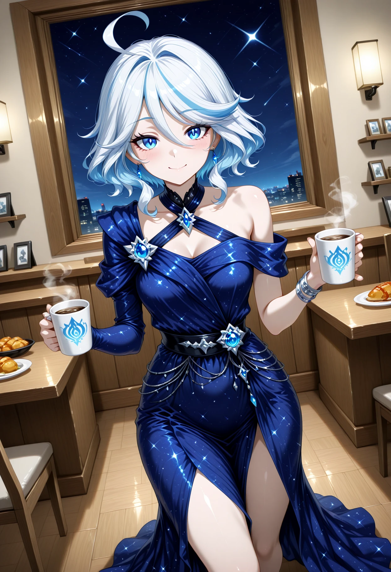masterpiece, best quality, amazing quality, 1girl, solo, makeup, perspective, general, looking at viewer, dynamic angle, cowboy shot, smile, indoors, restaurant, holding coffee mug, dutch angle, fancy, blush, lovely, posing, looking at viewer, <lora:Furina:1>, furinagen, blue eyes, short hair, bangs, hair between eyes, multicolored hair, two-tone hair, streaked hair, white hair, light blue hair, ahoge, <lora:Nebulas_Embrace_Dress:1>, Nebulas_Embrace_Dress, dress, blue dress, long dress, starry sky print, evening gown, halterneck, jewelry, gem, blue gemstone, bare shoulders, single bare shoulder, asymmetrical sleeves, side slit, bracelet, earrings, anklet, bare legs, black footwear, high heels, <lora:wai-Rectified-s:1>, <lora:prompt_extend:1>