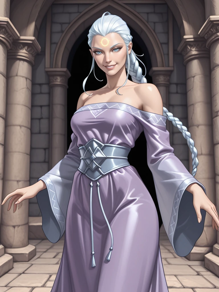 <lora:Arianna__Exalted:0.7>
ariannaexalted,,long hair, white hair, braid, blue eyes,,purple dress, bare shoulders, wide sleeves, forehead mark, anima
standing in a castle, looking at viewer, smiling