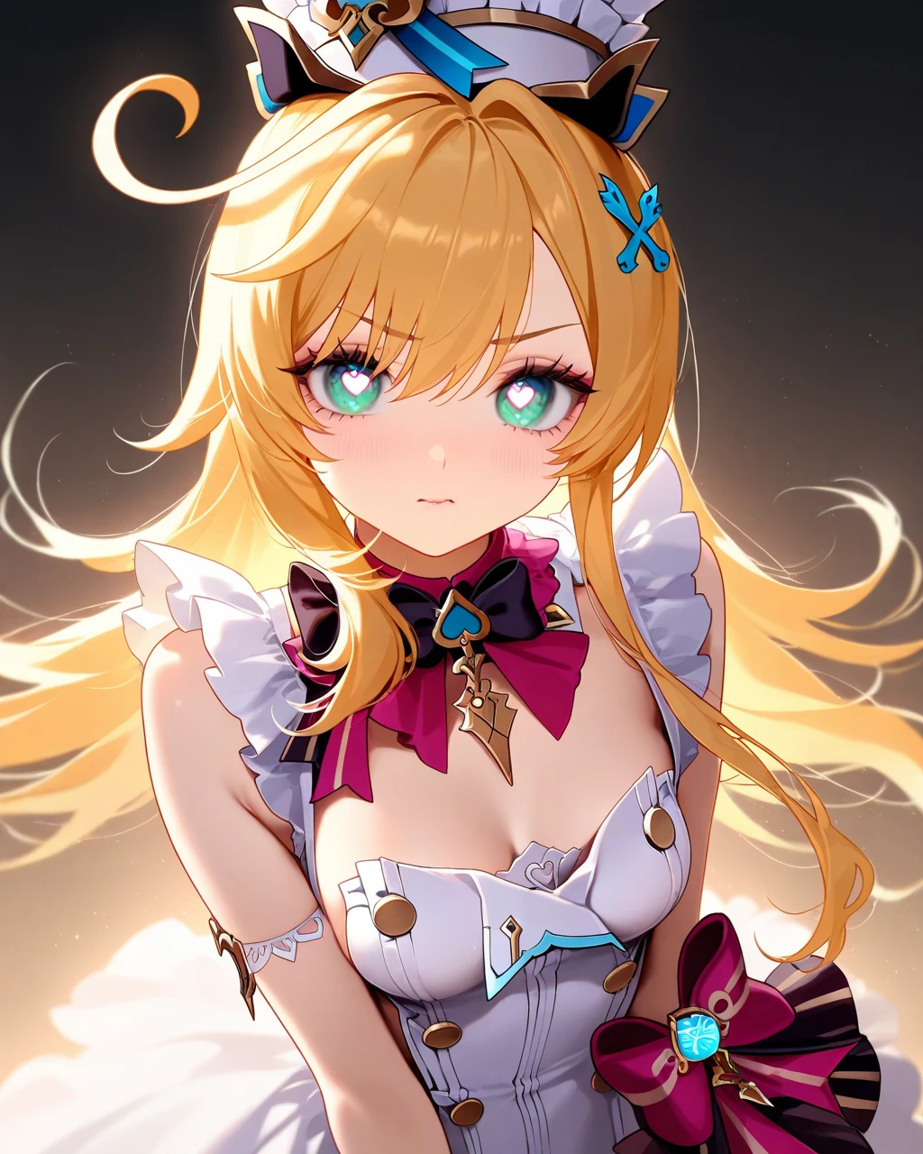 (precure, magical girl:1.1), loli, pale yellow hair, green eyes, impossible hairstyle, hair ribbon, huge breasts, cure brassiere, shiny magic effect, dark background