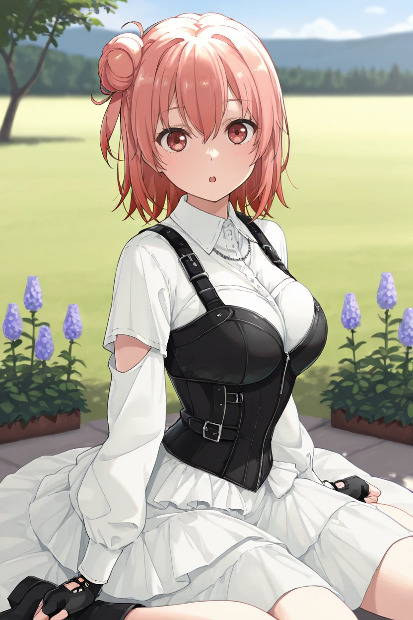 masterpiece, best quality, very aesthetic, newest, absurdres, highres,
1girl, solo,
<lora:RockWaShinanaiDressIllustriousV1:1> rockwashinanaidress, collared dress, white dress, long sleeves, bodice, fingerless gloves, black gloves,
yuigahama yui, wariza, flowers, outdoors, looking at viewer, :o,