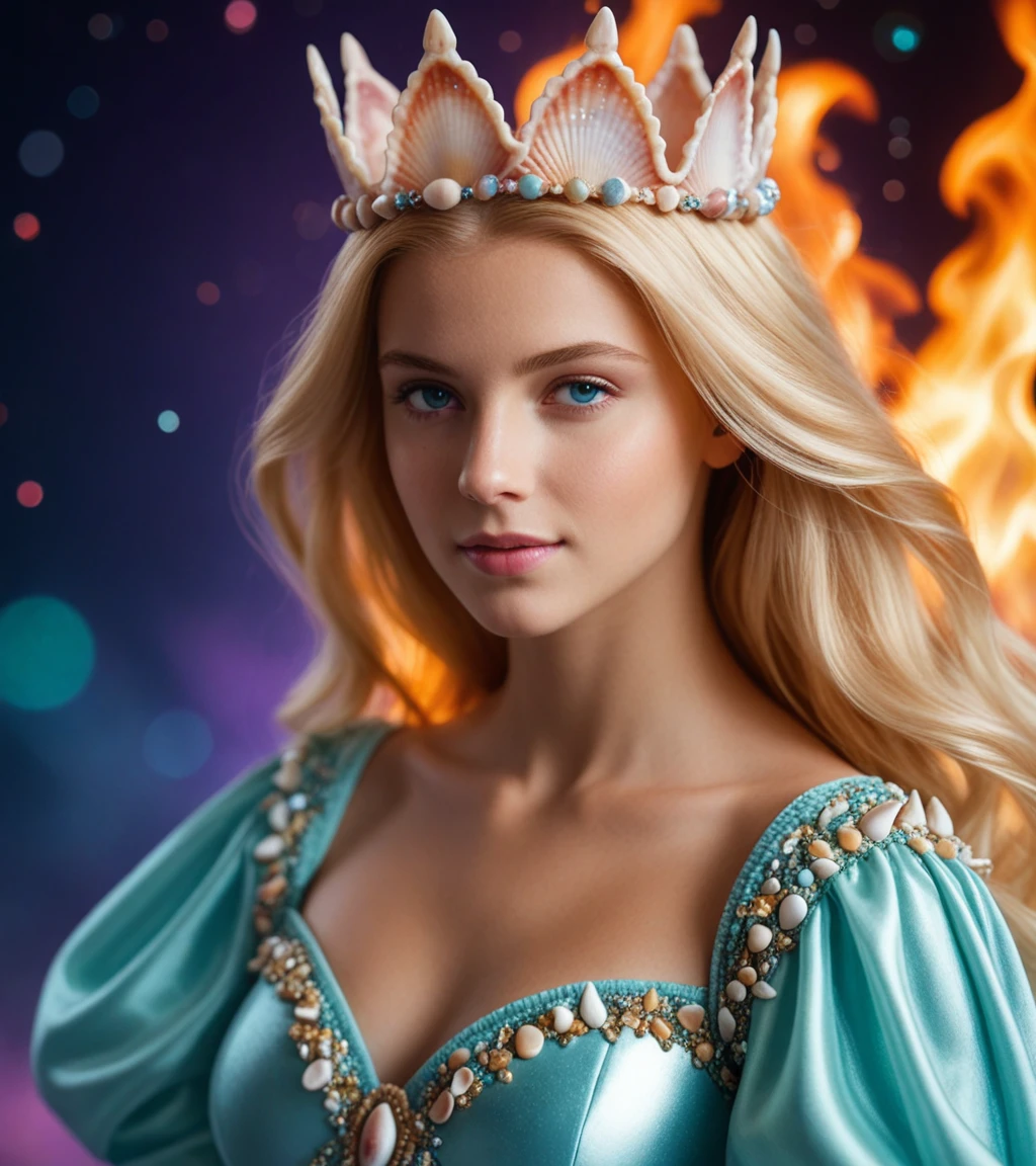 cinematic film still a photography, HD,, photo, woman, beautiful dress ornate, mdjrny-v5, style portrait of a gorgeous blond female in the style of stefan kostic, realistic, half body shot, sharp focus, 8 k high definition, insanely detailed, intricate, elegant, art by stanley lau and artgerm, extreme blur flames background, Princess girl with wing, Blue, Pastel, glitter, dramatic, dreamy, pastel, Watercolor, Whimsical, Delicate, seashell crown, Trending on Artstation, Highly detailed, Intricate, Portrait, digital painting, Fantasy theme, Fantasy robes, Fantasy concept art, Fantasy character art, Smug, age girl, perfect body, full body, dreamy, pastel, Watercolor, Whimsical, Delicate, seashell crown masterpiece, 8k, perfect lighting, , adult, female, cowboy shot, looking at viewer, cinematic lighting, Fawn . shallow depth of field, vignette, highly detailed, high budget, bokeh, cinemascope, moody, epic, gorgeous, film grain, grainy