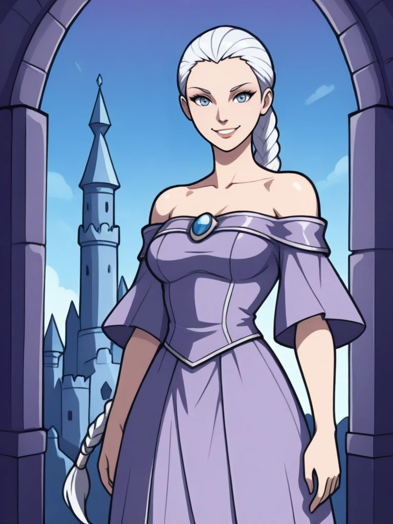 <lora:Arianna__Exalted:0.7>
ariannaexalted,,long hair, white hair, braid, blue eyes,,purple dress, bare shoulders
standing in a castle, looking at viewer, smiling