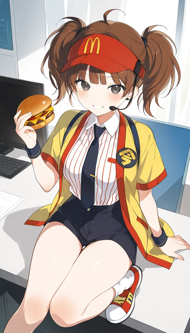 (masterpiece),best quality,amazing quality,very aesthetic,absurdres,newest,perfect body,shiny skin,perfect eyes,detail1eye,well-defined fingers,well-defined fingernails,anime style,indoors,1girl,solo,upper body,(portrait:1.5),looking at viewer,facing viewer,smile,blush,Lpip style,Double Cheese,ahoge,headset,visor cap,red headwear,long hair,brown hair,short twintails,blunt bangs,black eyes,employee uniform,yellow jacket,open jacket,black necktie,collared shirt,white shirt,vertical-striped shirt,badge,short sleeves,wristband,holding food,hamburger,medium breasts,shirt tucked in,black shorts,short shorts,thighs,white socks,sneakers,<lora:Double Cheese(mcdonald's)-Illus:1.6>,<lora:Lpip[style]-Illus:1.6>,