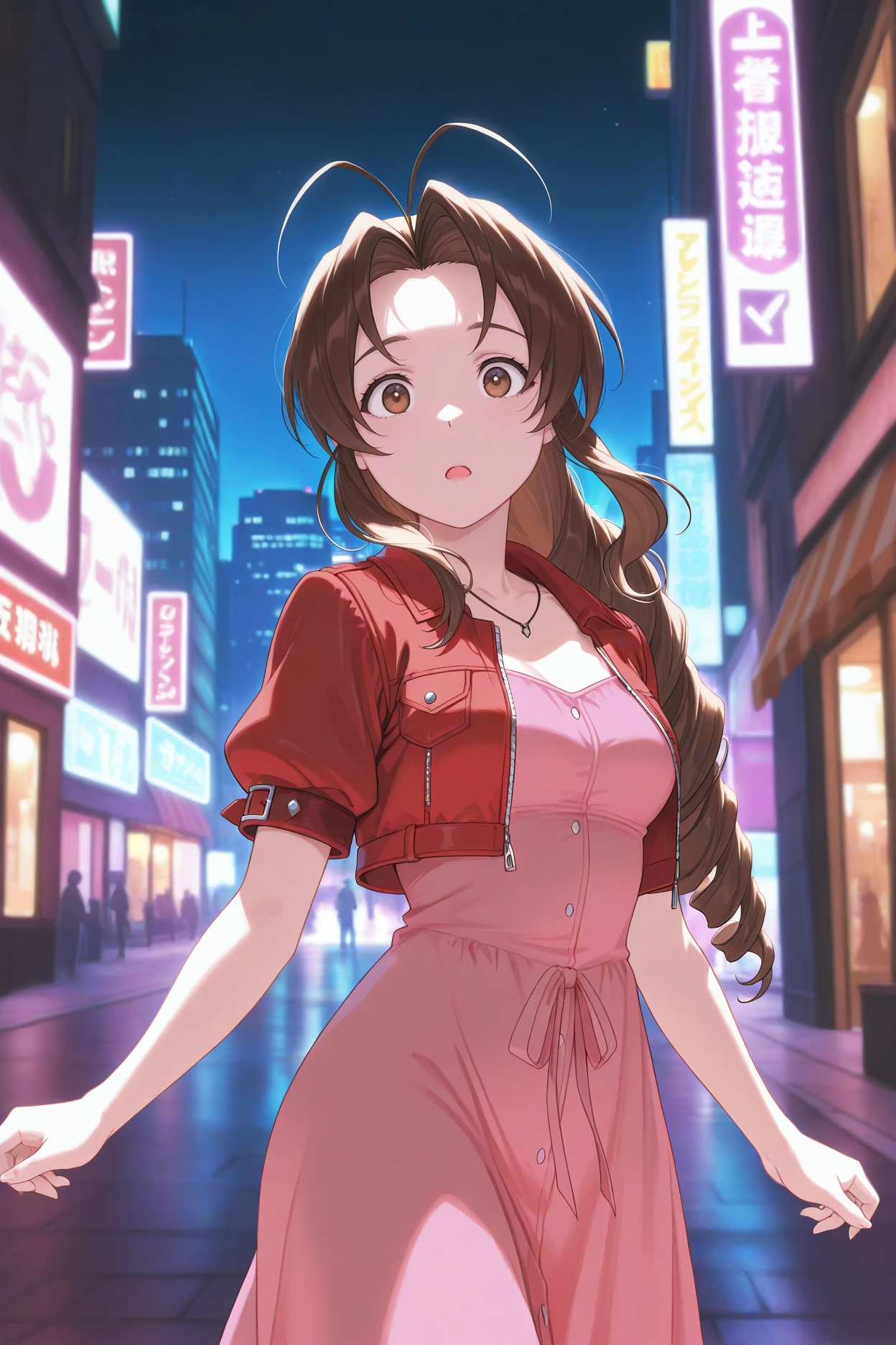 masterpiece, best quality, 1girl, solo, <lora:otohimemutsumi-illu-nvwls-v1:1> otmsm, brown hair, long hair, drill hair, antenna hair, brown eyes, (aerith gainsborough \(cosplay\):0.5), red jacket, cropped jacket, pink dress, looking at viewer, open mouth, confused, city, night, city street