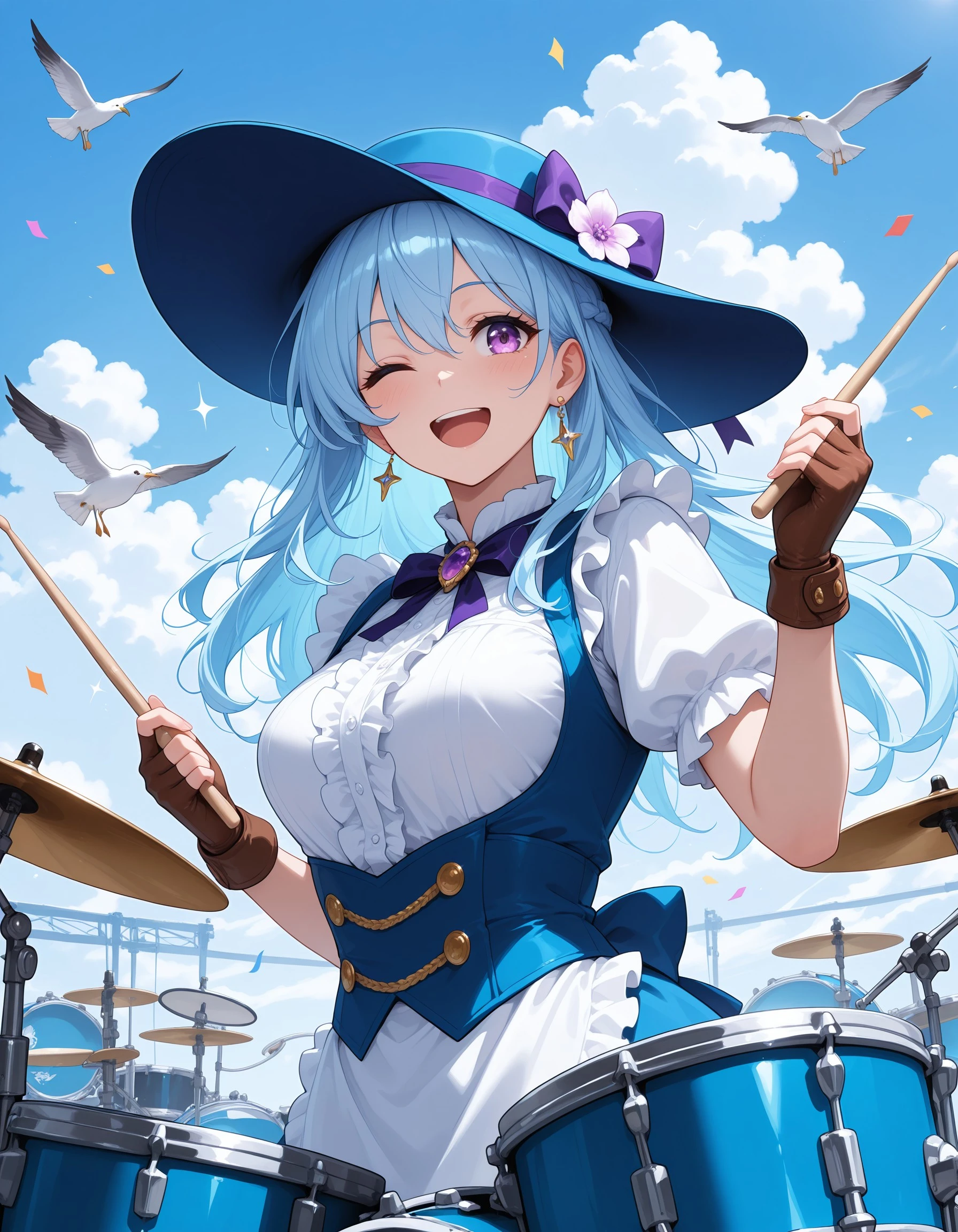 (masterpiece:1.4), (best quality:1.4), (ultra-detailed:1.3), (very aesthetic:1.3), (absurdres:1.4), (perfect :1.3), blue hair, kanonfuee, long hair, purple eyes, light blue hair, drumsticks, drum, one eye closed, ;d, gloves, hat, open mouth, instrument, smile, bird, confetti, frills, blue hair, fingerless gloves, brown gloves, drum set, bow, outdoors, jewelry, seagull, day, blue headwear, holding, cloud, short sleeves, hat ribbon, sparkle, earrings, flower, hat bow, kanonfuee, <lora:9a62d4f8-1798-4e51-b906-c8abdeb43115:0.7>