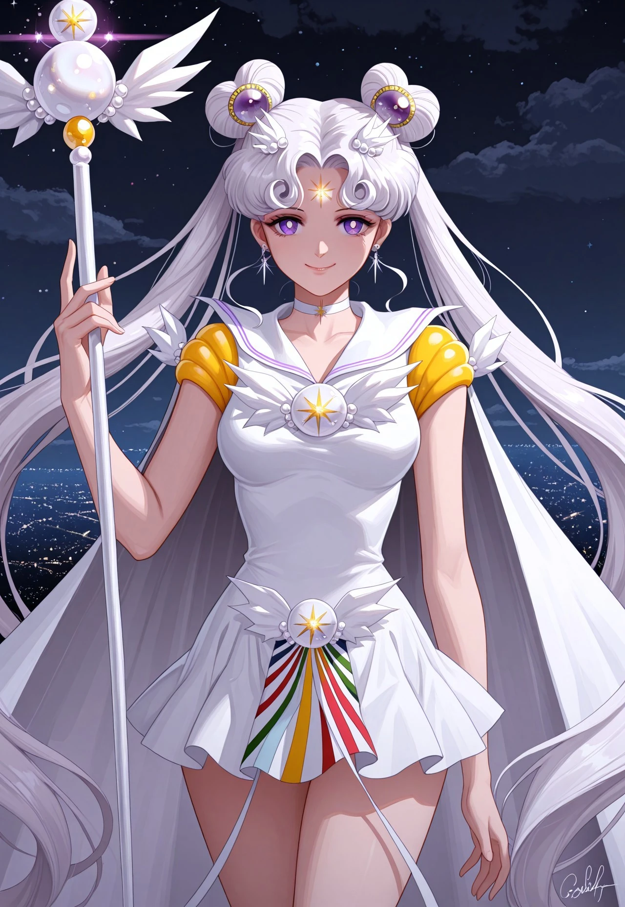 masterpiece, best quality, Sailor Cosmos, 1girl, solo, long hair, smile, skirt, hair ornament, dress, twintails, jewelry, very long hair, purple eyes, white hair, earrings, sky, choker, signature, sailor collar, hair bun, cape, white dress, double bun, night, facial mark, short dress, magical girl, staff, white sailor collar, hairpin, forehead mark, white choker, sailor senshi uniform
