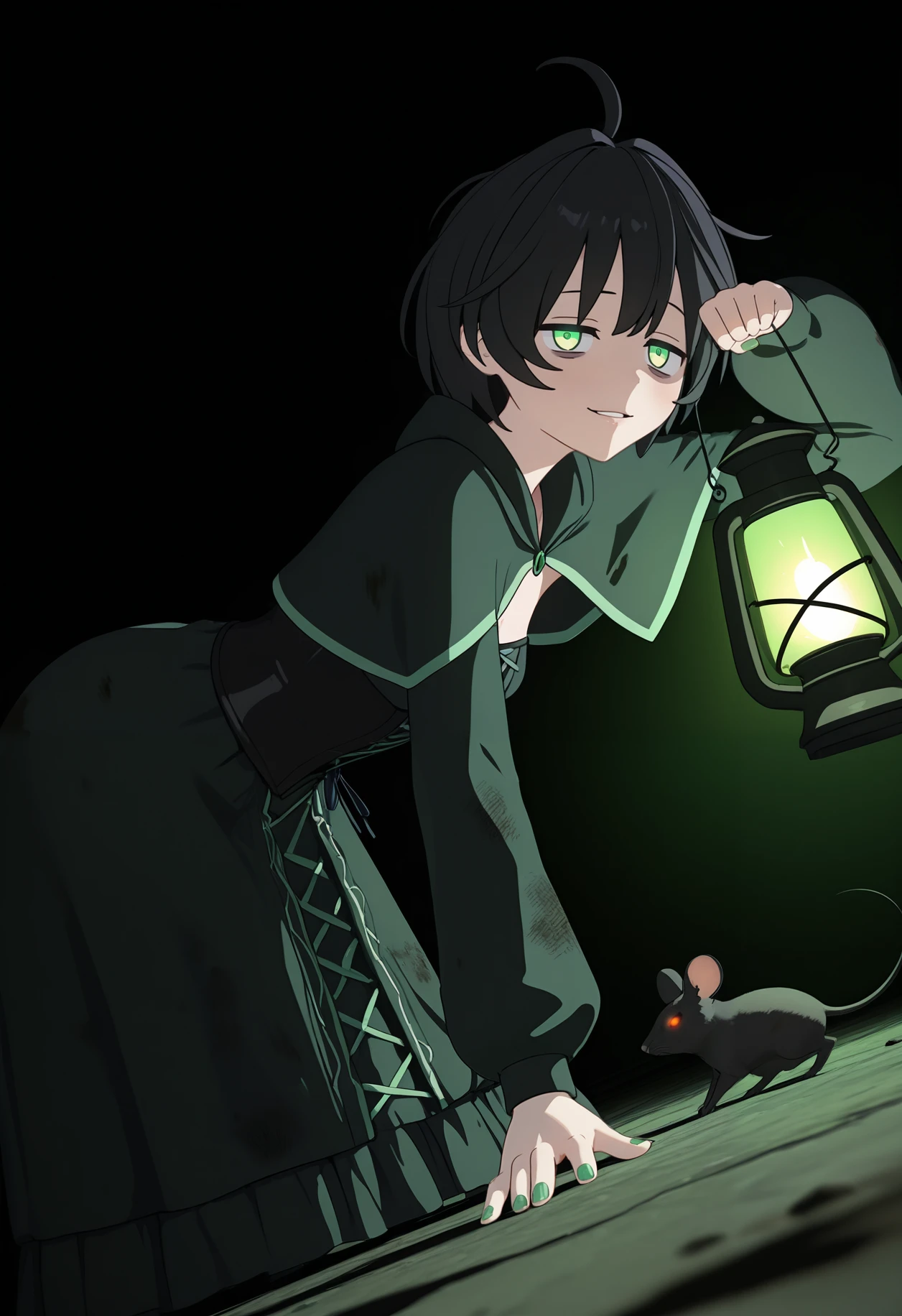 masterpiece,best quality,absurdres,highres,scenery, 

rinrin style, 3d,

 1girl, (hunched over:1.4), arm up, holding lantern, (green theme:1.1), sewer, black theme, dark, (too many:1.2), black mouse (animal), green eyes, glowing eyes, fantasy, bags under eyes, pale skin, black capelet, black dress, (green dress:0.7), layered dress, blending, [swarm|army], false smile, (jitome:0.9), (messy hair:1.2), black hair, small breasts, cross-laced dress, corset, (dirty, dirty clothes:1.2), arm above head, parted lips, looking at viewer, constricted pupils,cowlick,(dutch angle:1.3), (green fire:0.8), black background, long sleeves,simple background,perspective, green light,underlighting,constricted pupils, jitome, green eyes, false smile, pale skin, shaded face, green eyes, jitome, looking at viewer, bags under eyes, green nails, 