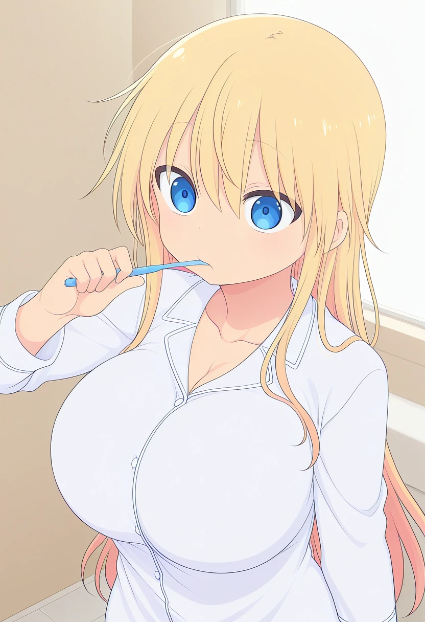 anime coloring, 1girl, ch1ntarou, brushing teeth, upper body, pajamas, collared pajamas, bathroom, dramatic lighting, absurdres, anime screenshot, depth