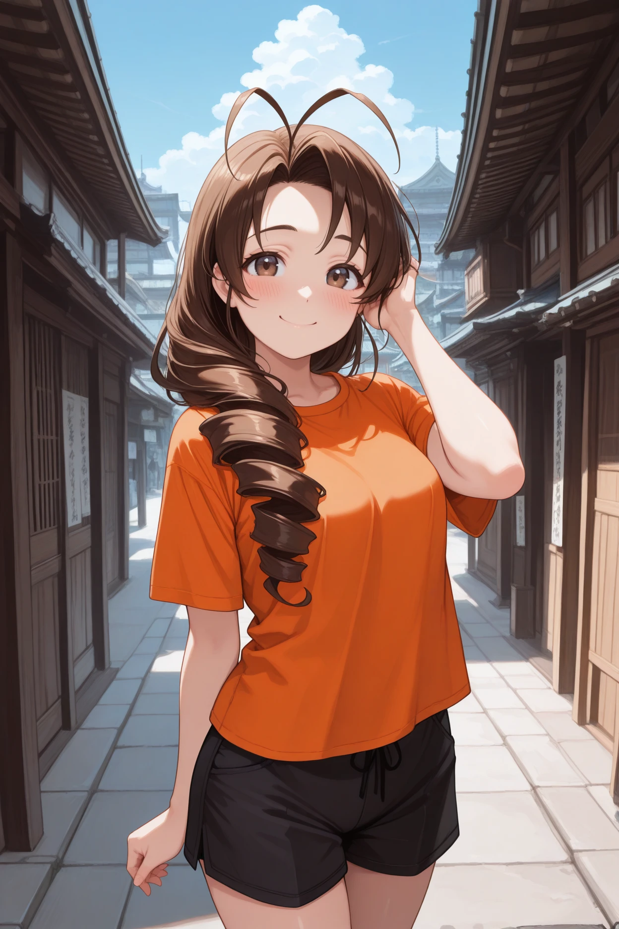 masterpiece, best quality, 1girl, solo, <lora:otohimemutsumi-illu-nvwls-v1:1> otmsm, brown hair, long hair, drill hair, antenna hair, brown eyes, orange t-shirt, black shorts, hand in hair, japanese architecture, city street, looking at viewer, smile, blue sky, blush
