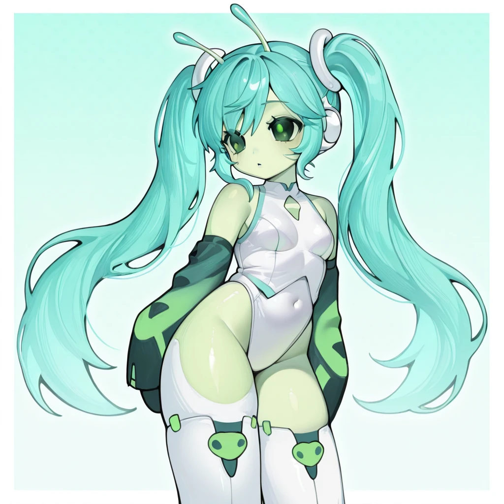 <lora:mino_kirarayakubou:1.2> min0, <lora:Glorpi_Miku:0.8> glorpimiku, 1girl, solo, twintails, long hair, green eyes, white leotard, colored skin, aqua hair, green skin, white thighhighs, antennae, dynamic pose