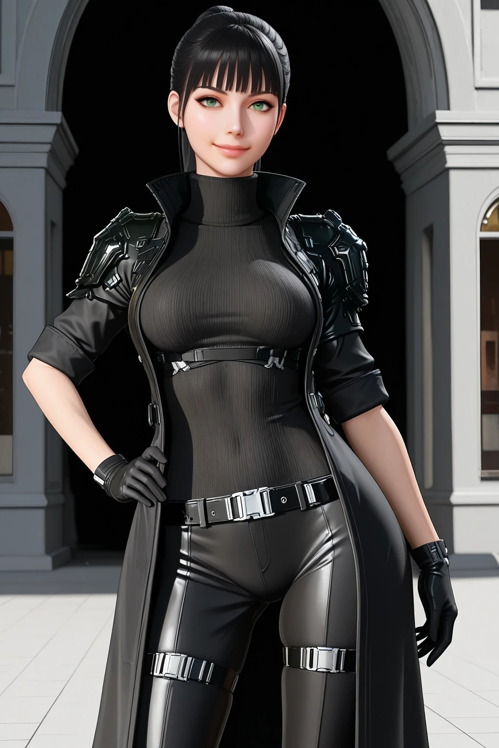 masterpiece, good quality, best quality, very awa, very as2, absurdres, highres, 3d, realistic,
<lora:NelltfdilluLora:1>Nell, bangs, ponytail, black hair, green eyes, high collar, turtleneck, sweater, long coat, shoulder armor, sleeves rolled up, belt, black gloves, black pants, thigh strap, high heel boots, hand on own hip, smile, cowboy shot, outdoors, science fiction,