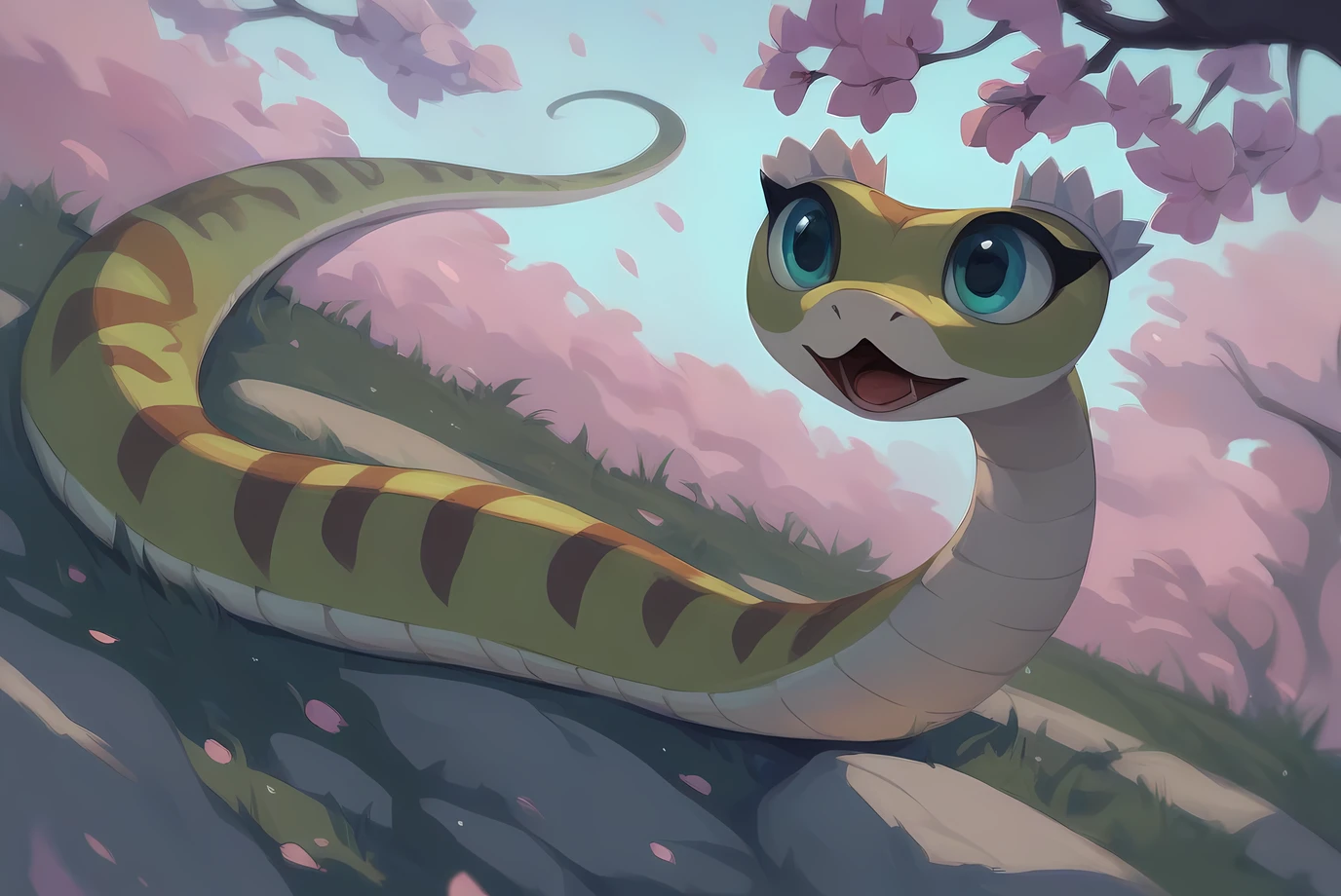 Masterpiece,Best Quality,master viper,snake,grass,full body,feral,solo,perfection detail,extreme detail,solo,green body,simple background,score_9,score_8_up,score_7_up,score_6_up,headdress,:d,(cherry blossoms:0.9),<lora:aki:0.8>,open mouth,