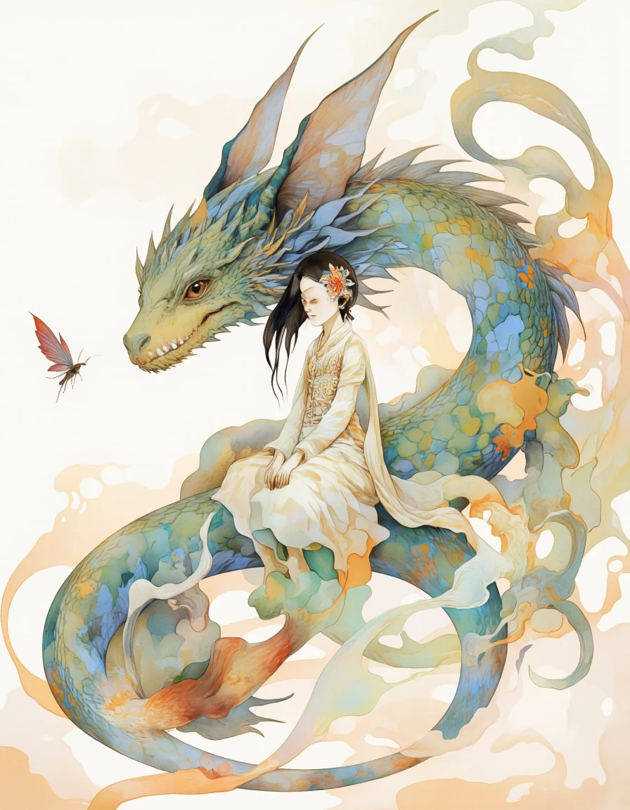 Art by Vvika. A digital illustration shoot from the side about a serene scene featuring a dragon and a fairy. on the middle of the image, a woman with long black hair and a flower in her hair is sitting on the back of a green dragon. she is wearing a light-colored dress with intricate patterns and has a calm expression on her face. the dragon has large, pointed ears and a long tail, and its scales are a mix of green and blue. the woman is positioned in the center, with the dragon's tail curled around her. the background features a soft, pastel color palette with hints of orange and pink, creating a dreamy atmosphere. a small, delicate insect with wings is flying in the background, adding a touch of whimsy to the scene.