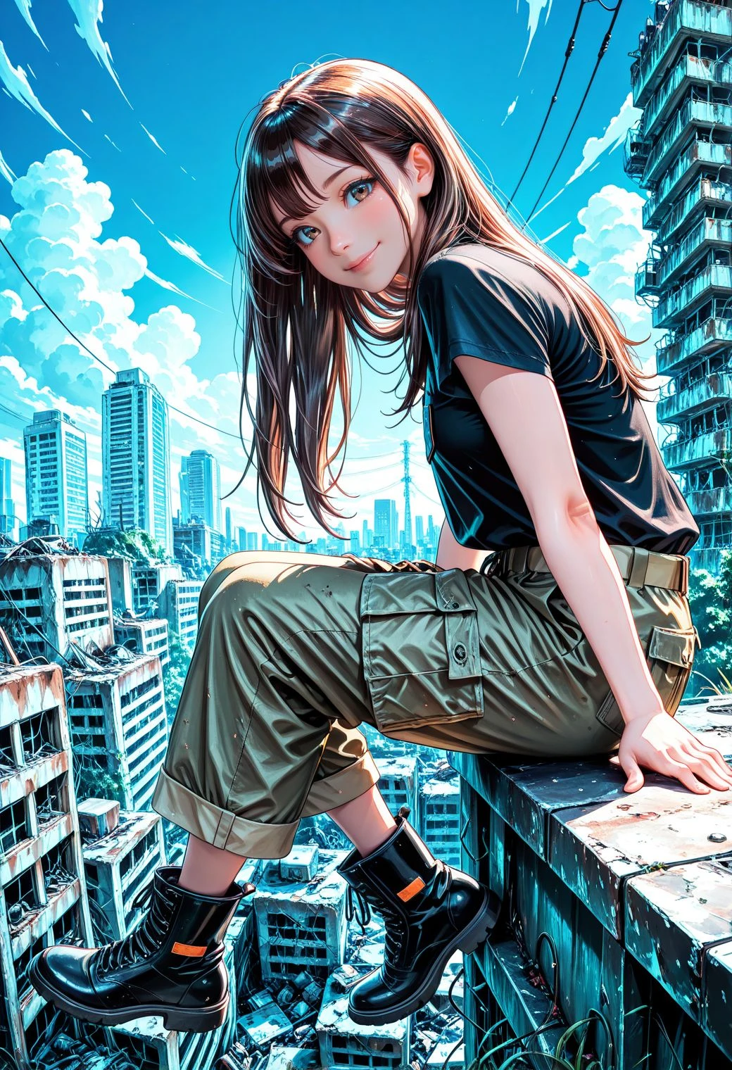 SmoothNoob_Quality, (ligne claire:1.2), (post-apocalypse), 1girl, solo, smile, long hair, brown hair, sitting on top of very hight building at down town, smile, shirt, cargo pants, work boots, short sleeves, black shirt, looking at viewer, full body, from side, outdoors, blue sky, cloud, city,building, scenery, power lines,<lora:SLE_v2:-0.5> <lora:Smooth_Booster_v3:0.5>