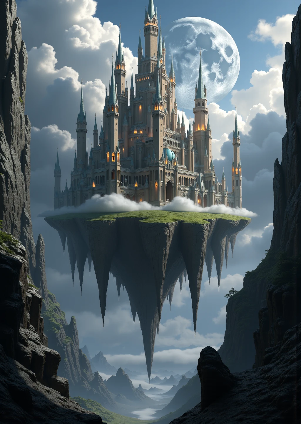 wide-angle view, grand castle floating in a sky-filled with clouds surrounded by high altitudes, with glowing skyward symbols embedded into the castle walls, the scene is illuminated by a moon in the background, casting a cloudy gray hue over the landscape, in the style of a sky-themed oil painting, ultra-detailed, realistic textures