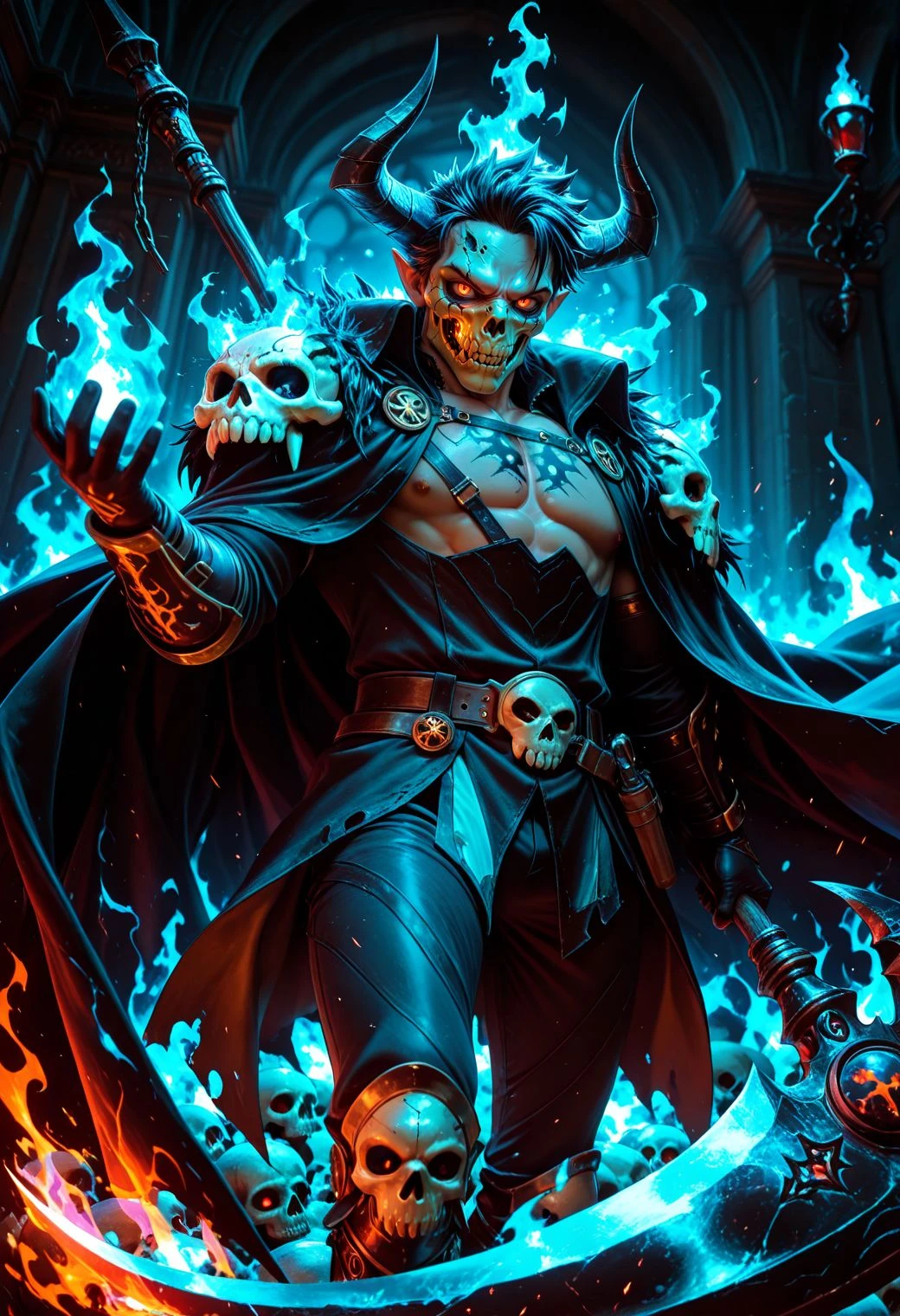 SmoothNoob_Quality, 1boy, demon boy, a demonic-looking skull knight king with long, sharp incisors. The skull should emit flashes of scarlet energy and be surrounded by a flaming aura of blue fire. Holding large scythe, The skull should face directly into the camera, creating a shocking and terrifying image. Dark background, skull mask, floating cape, <lora:Smooth_Booster_v3:0.5>