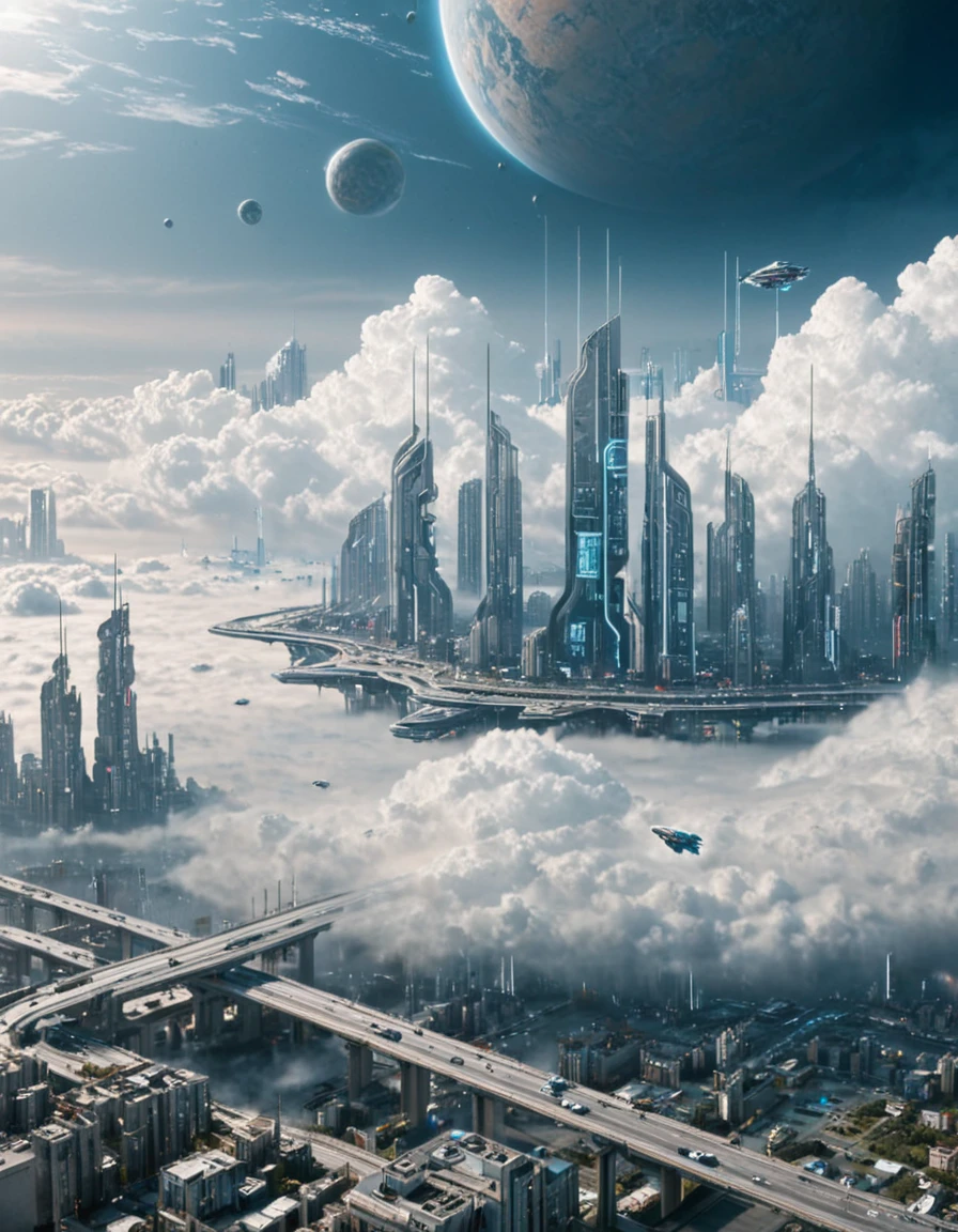 <lora:City_Worlds_01_Effects_xlc:1> photo, masterpiece, high score, great score, absurdres, citybkg, cyberpunk, ambiance, day, clouds, tiny spaceships in the sky, very detailed, design buildings, mega structures, futuristic, very far side view, small high buildings, tiny low buildings, illuminated, city lights, elevated highways, city in the clouds, floating city, phot31, epic scale, epic, sea of clouds, haze, light effects, partial view of a huge very detailed planet in the far background, impressive,