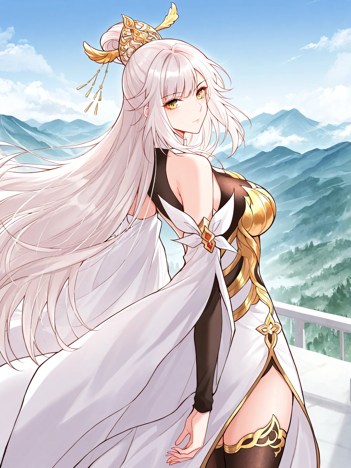 <lora:It_Starts_With_The_Confession_To_The_Beauty_Master__Yue_Yao__Illustrious:1>
1 girl, solo, long hair, white hair, hair bun, side bangs, golden eyes, ornamental hairpin,
chinese outfit, white and black dress, sleeveless top, detached sleeves, high slit skirt, black thigh-high stockings, golden decorations, gold-trimmed fabric, translucent white drape, asymmetric outfit,
score_9, score_8_up, score_7_up, source anime, BREAK, cowboy shot, (from side), looking back, looking at viewer, overlooking mountain, high altitude, scenery, exterior, background